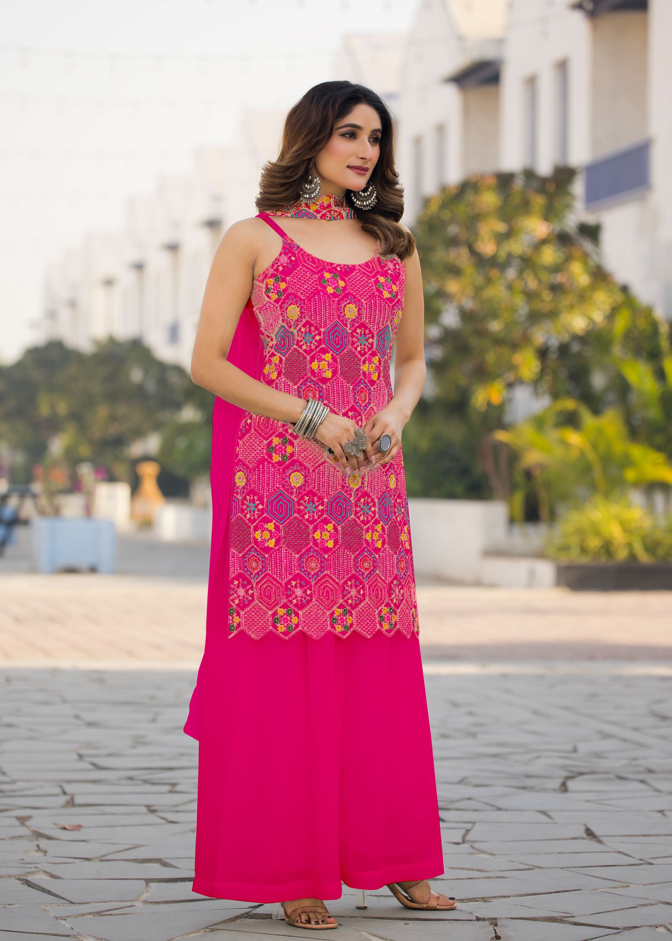 Magenta Sharara Dress With Embroidery Work