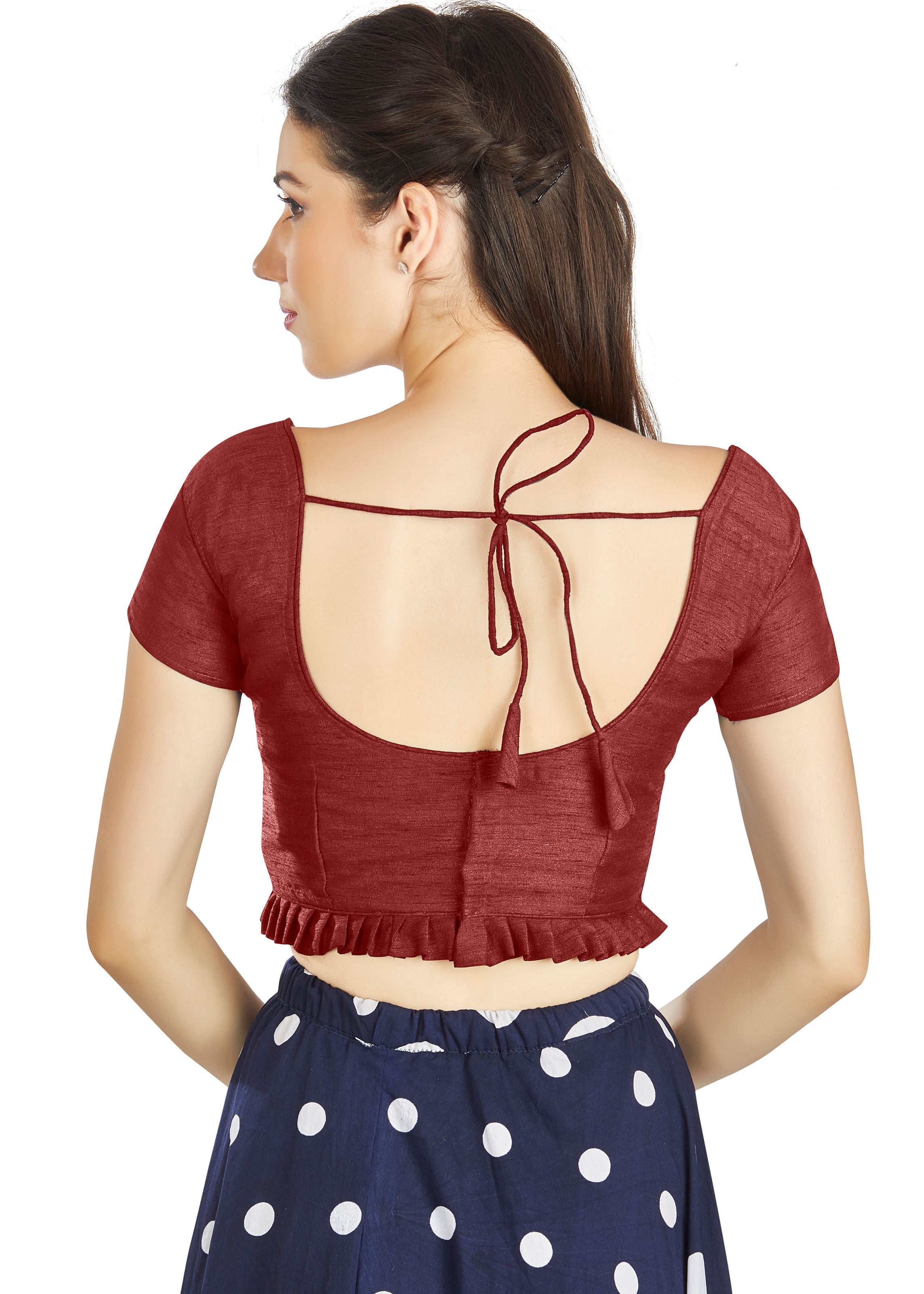 Maroon Art Silk Pleated Boat Neck Blouse With Princece Blouse