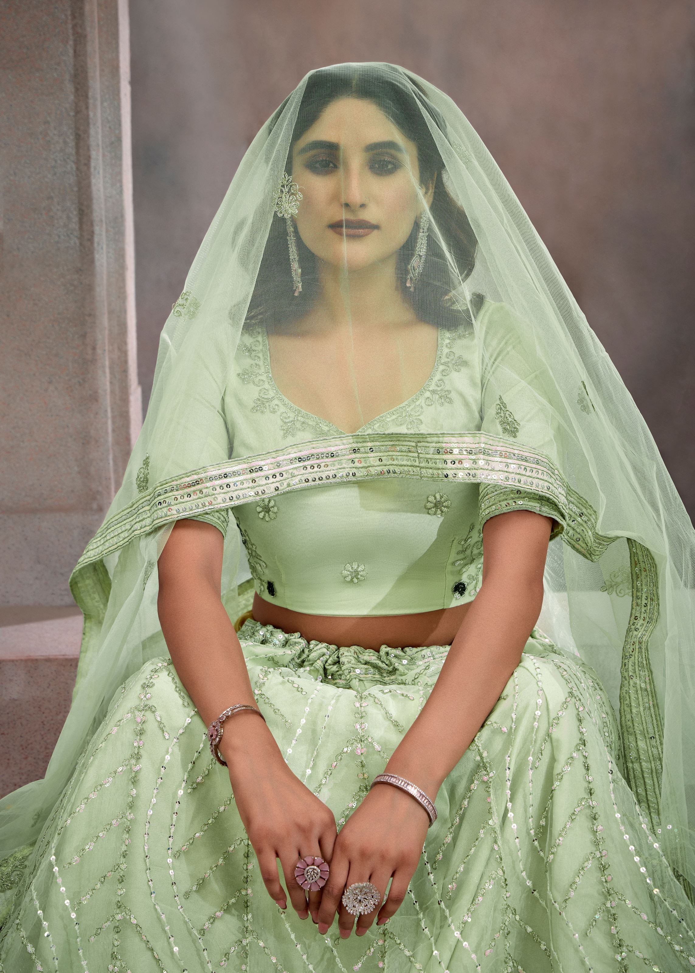 Mint Green Net Lehenga with Delicate Sequin Embroidery