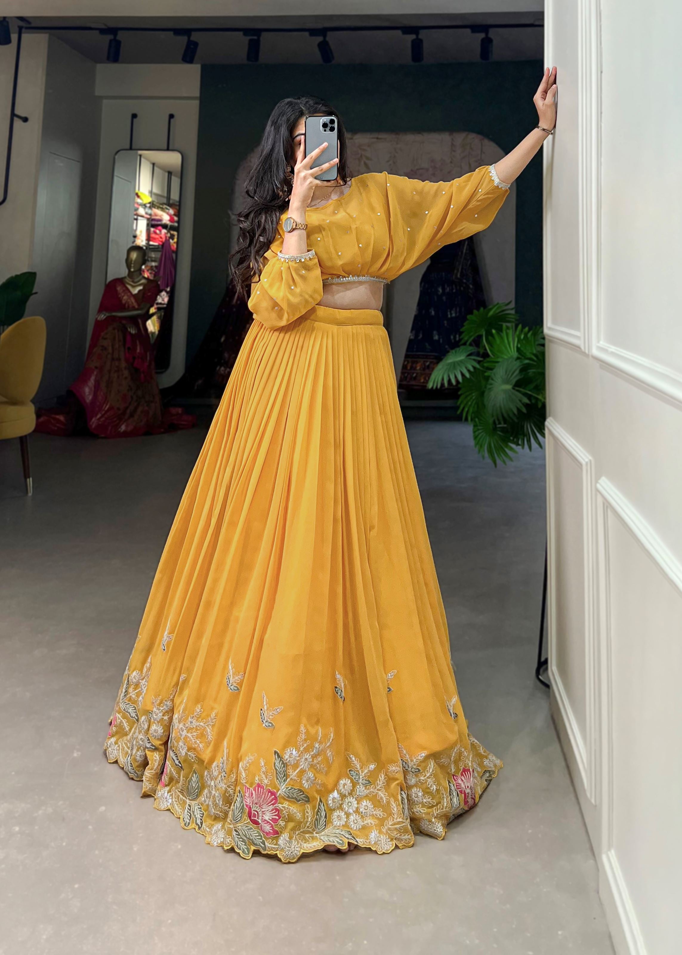 Mustard Georgette Lehenga with Sequin and Thread Detailing Light Elegant