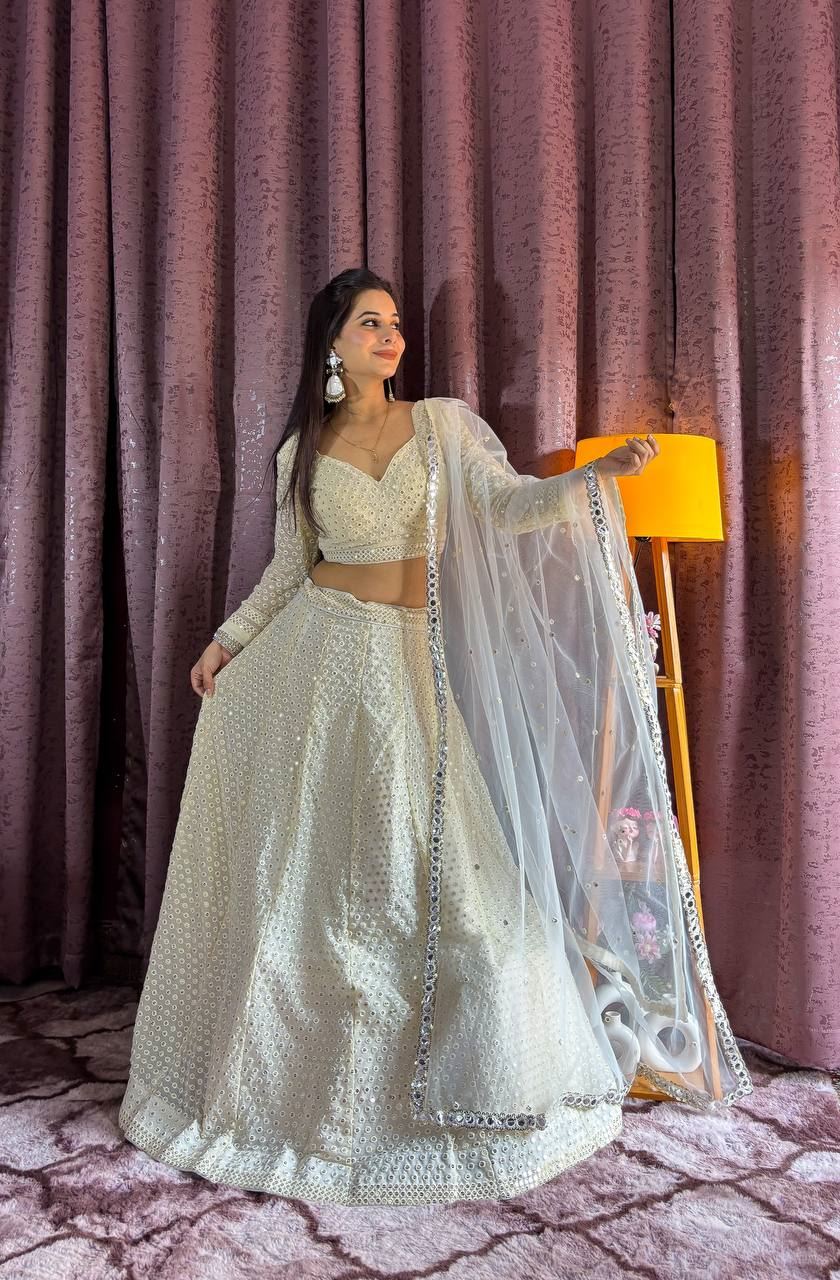 Offwhite Lehenga Choli With Sequins Thread Work