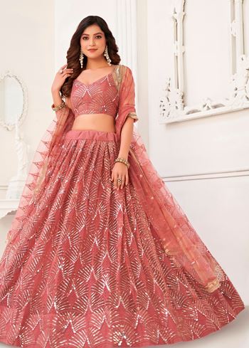 OnionPink Net Lehenga Choli With Thread Embroidery Real Mirror Work