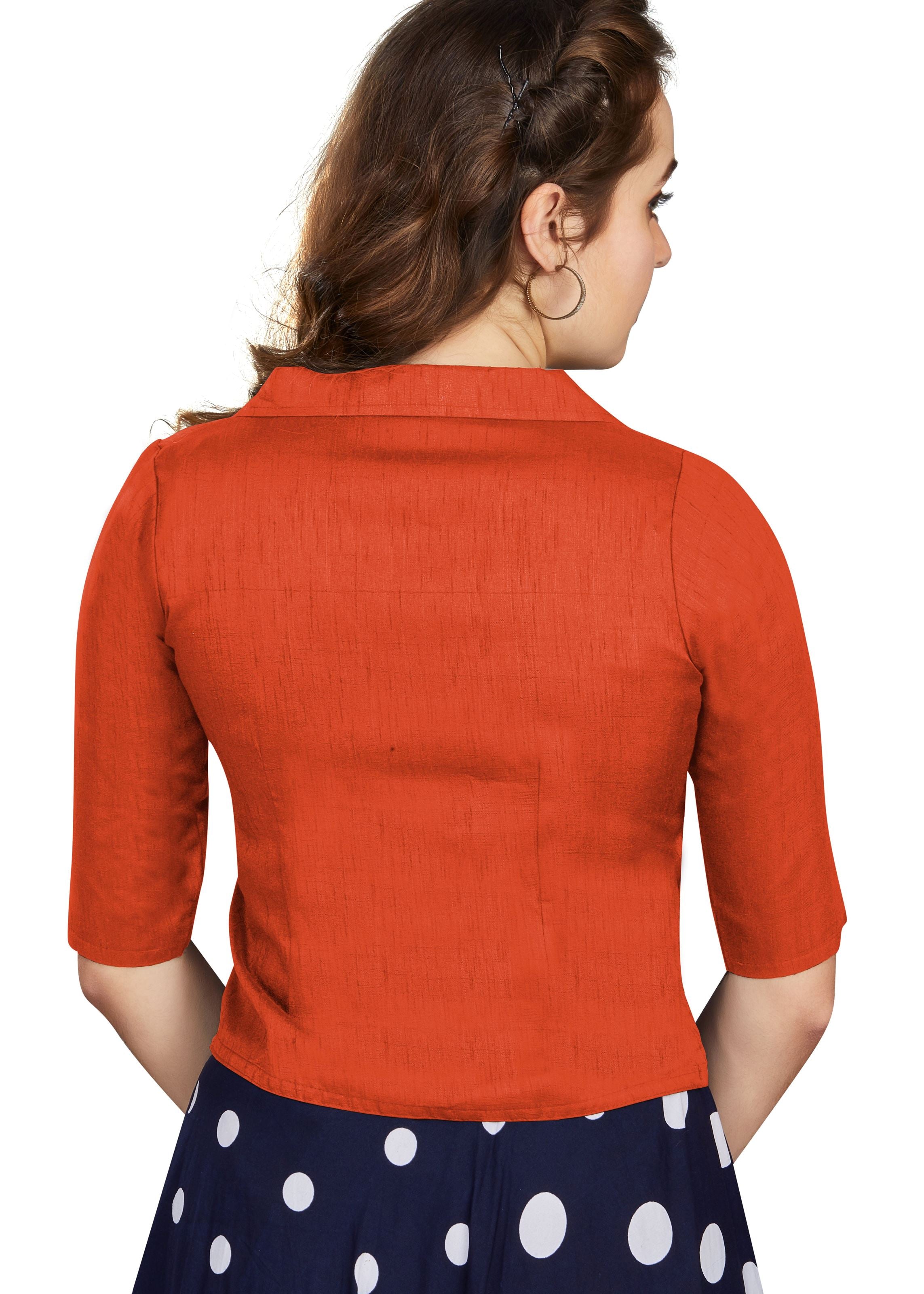 Orange Art Silk Collar Neck Plain Blouse