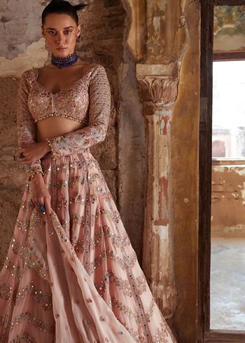 Peach Lehenga Choli With Paper Mirror Zari Thread Work