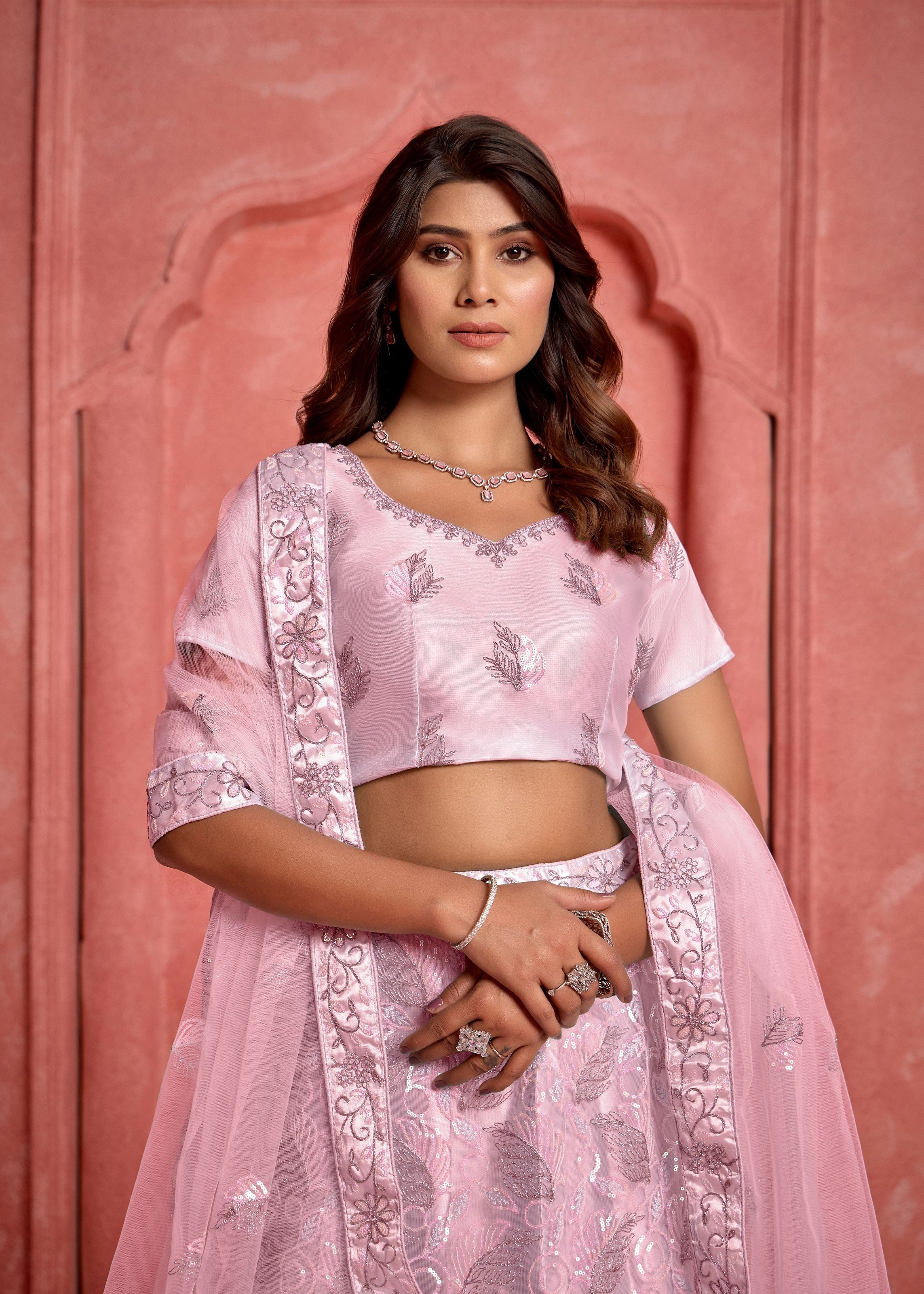 Peach Net Lehenga with Elegant Sequin Details