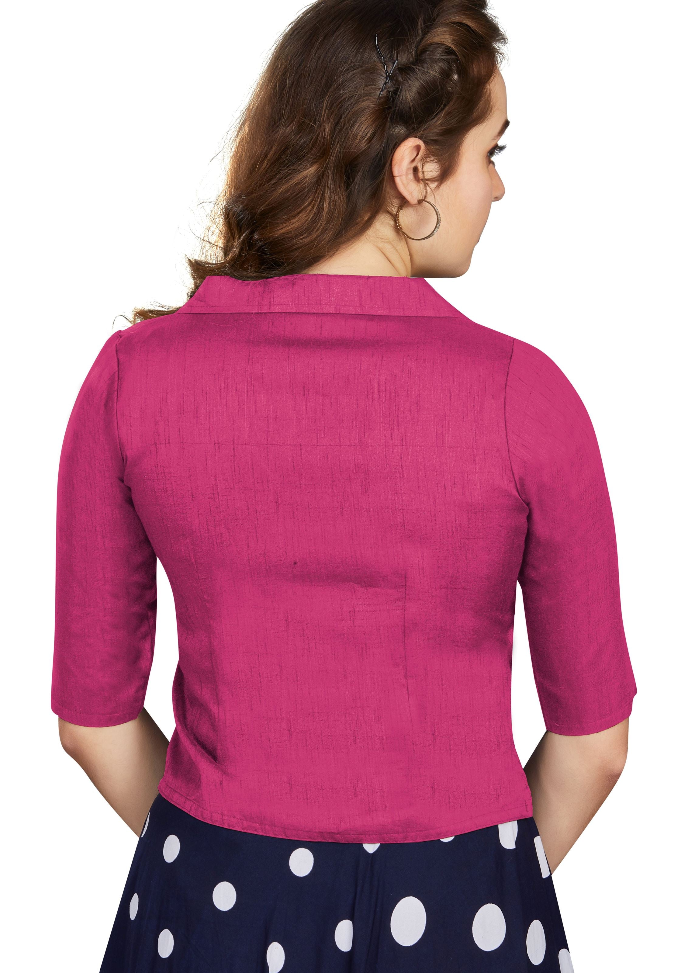 Pink Art Silk Collar Neck Plain Blouse