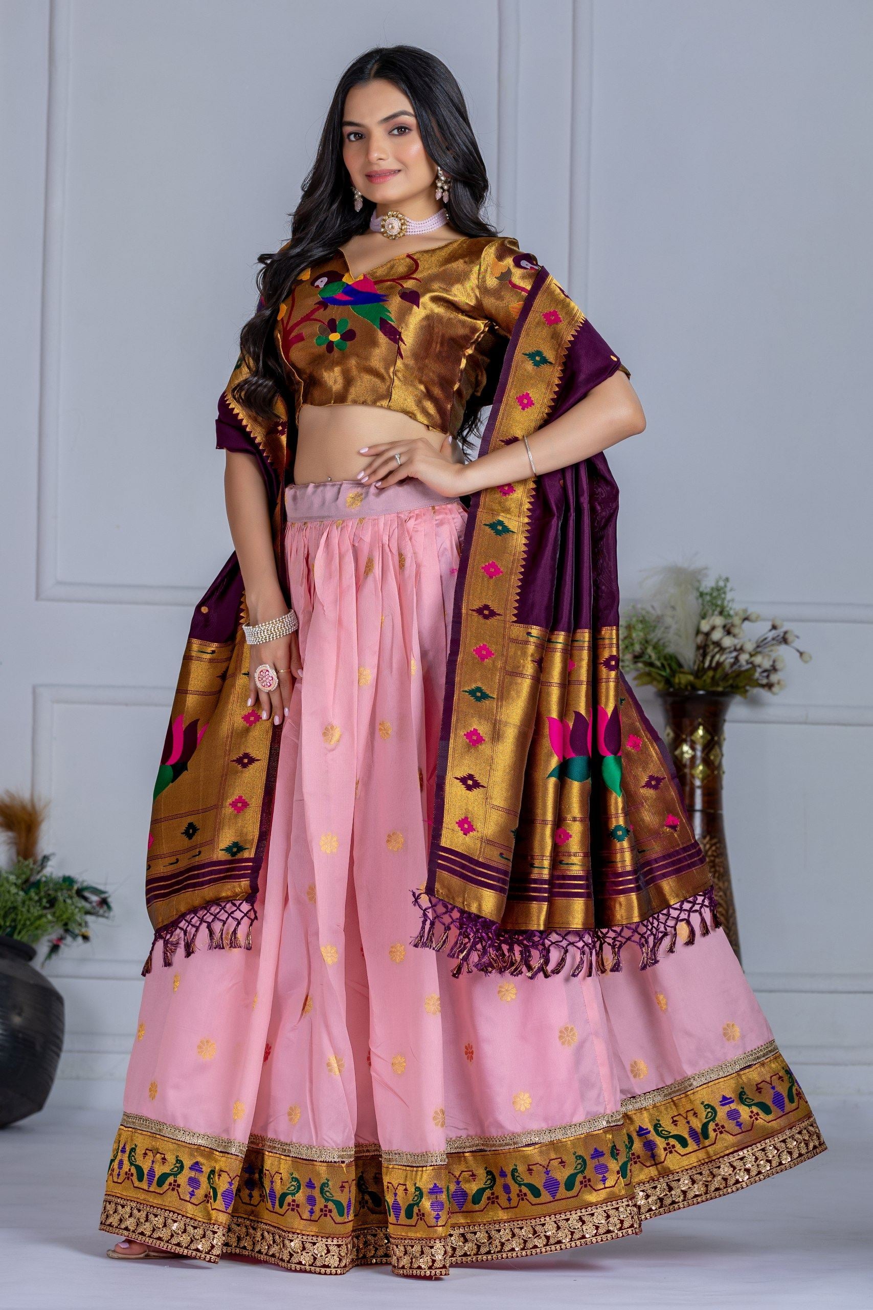 Pink Lehenga Choli With Jacquard With Zari Weaving With Embroidery Lace Attached