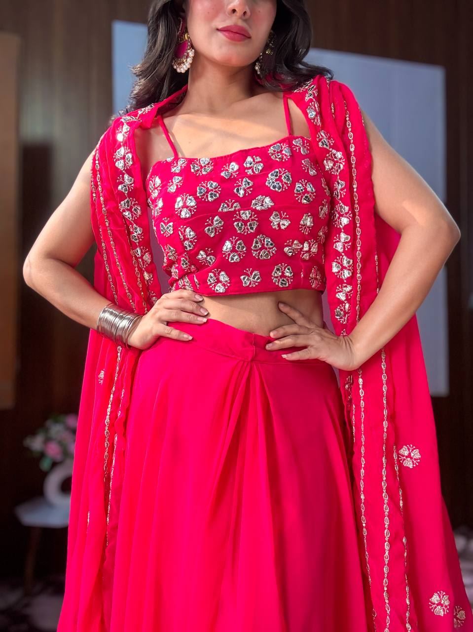 Pink Lehenga Choli with Sequins, Zari & Paper Work