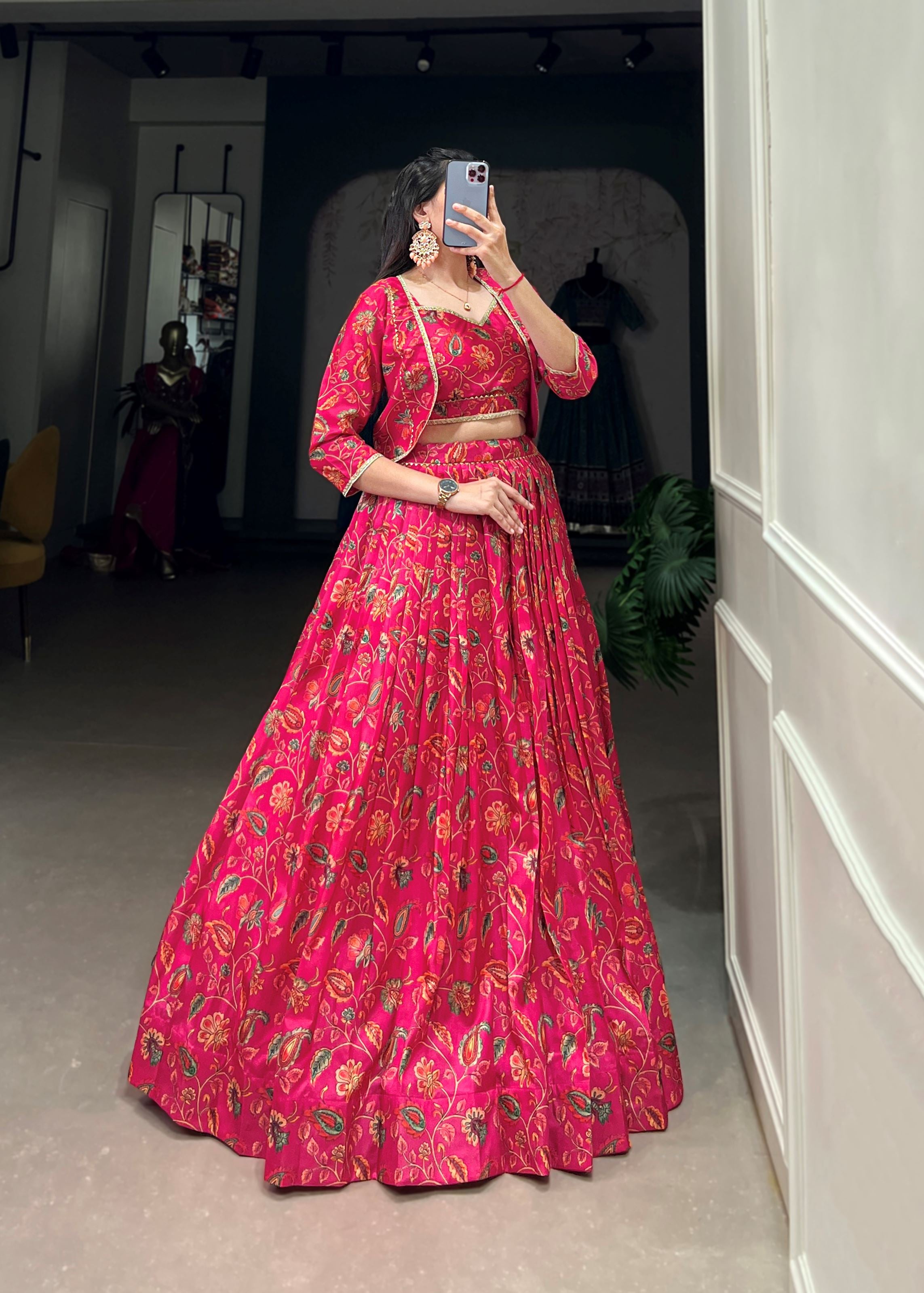 Pink Tussar Silk Lehenga with Delicate Florals Gota Patti Details