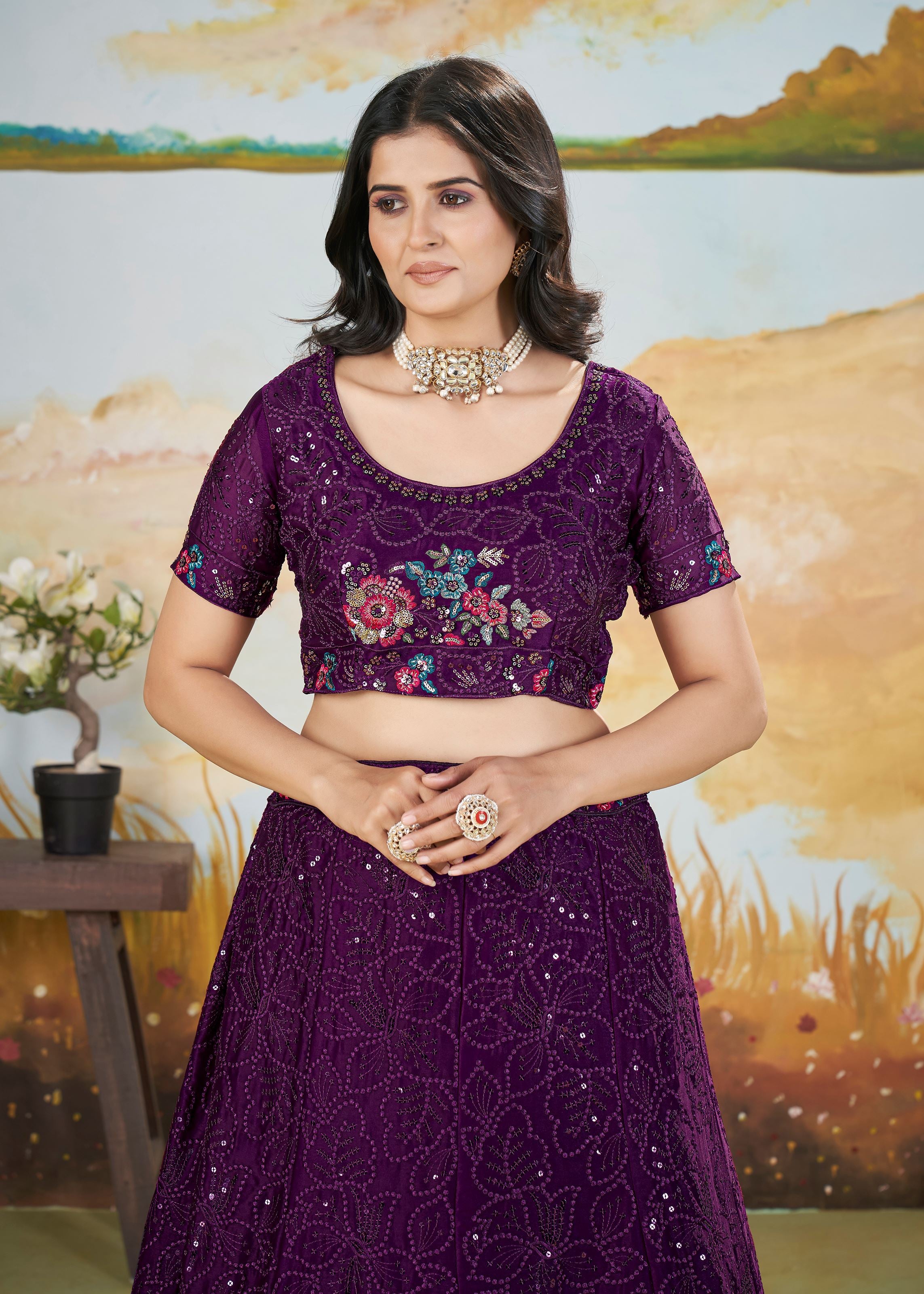Purple Chinnon Lehenga with Copper Sequin Floral Threadwork