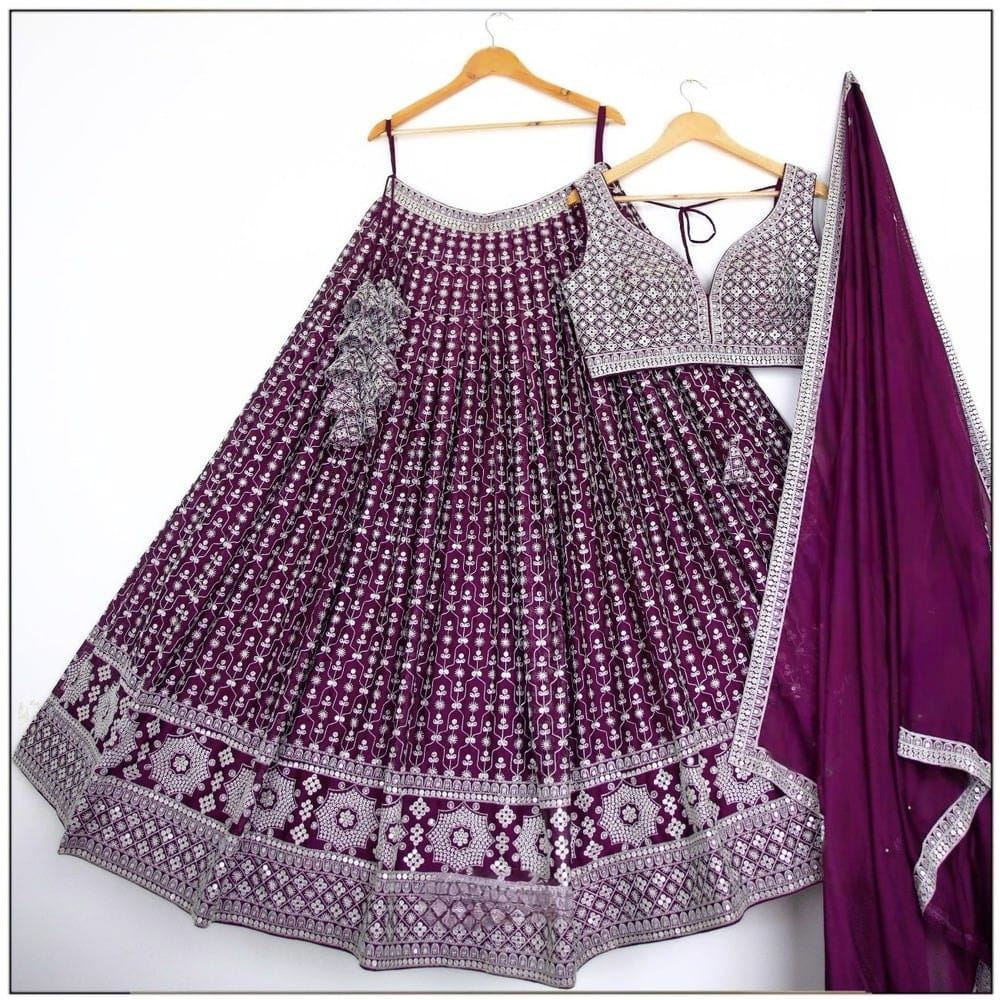 Purple Lehenga Choli With Sequins With Cotton Thread Embroidery Work