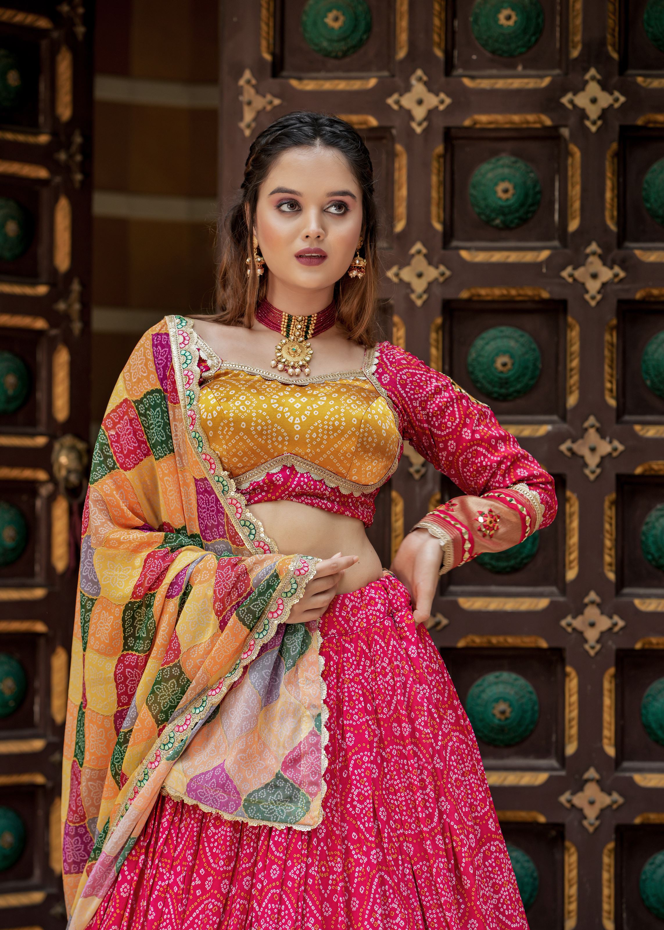 Rani Lehenga Choli With Heavy Discharge Print Heavy Embroidery Thread Sequins Work