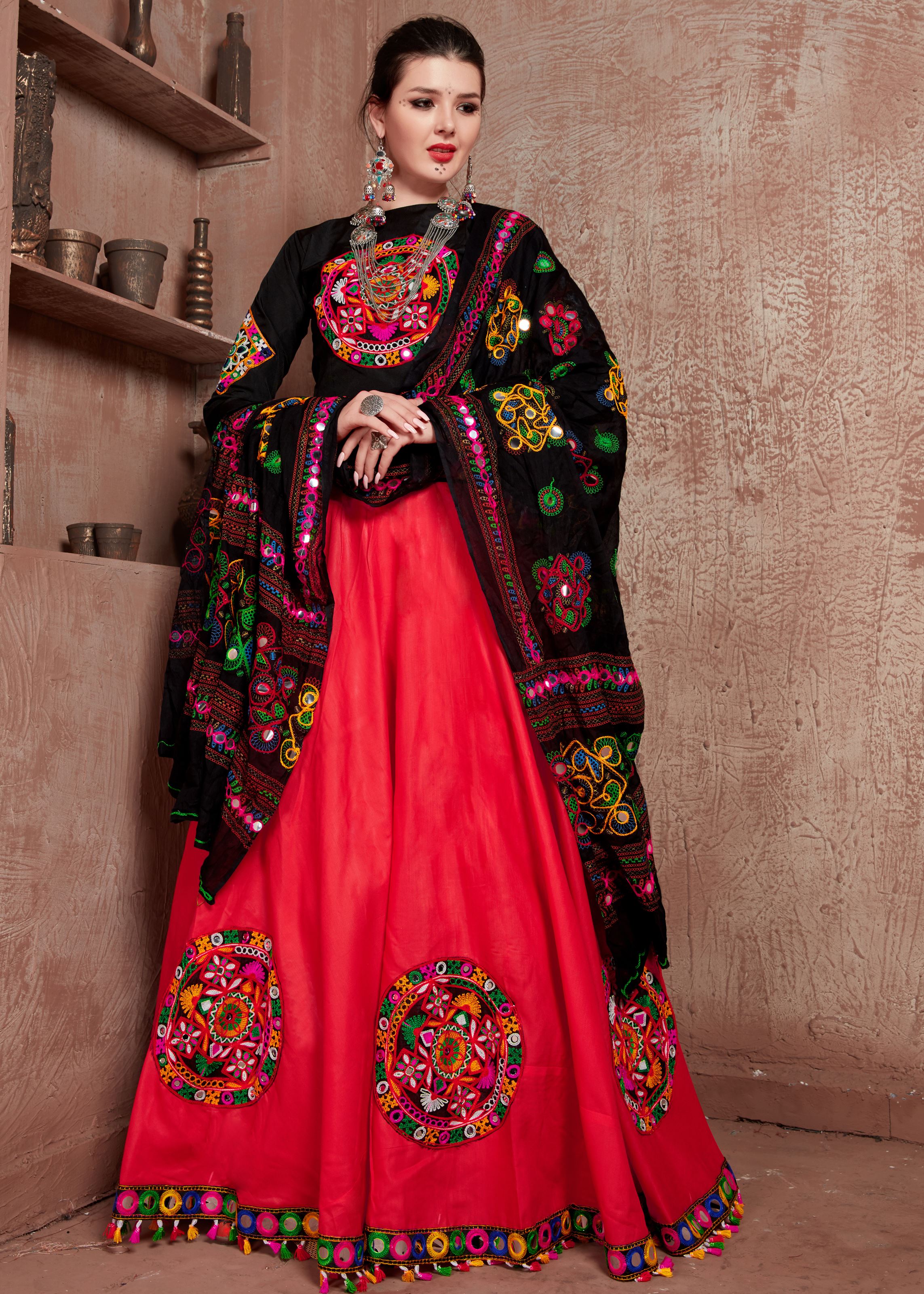 Red And Black Navratri Chaniya Choli With Gamthi Work Butta And Tassels Lace