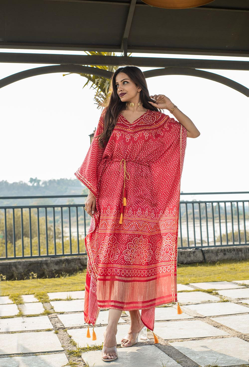 Red Color Pure Gaji Silk Kaftan with Gotta Patti Tassels