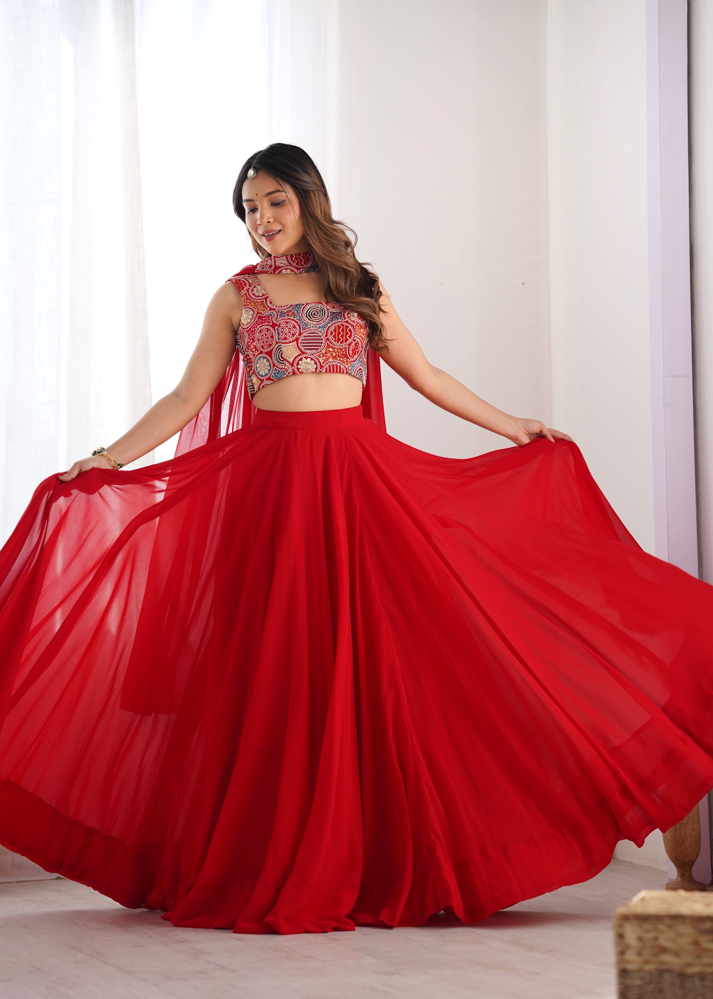 Red Georgette Lehenga with 9 Needle Embroidery Dori Jari Work