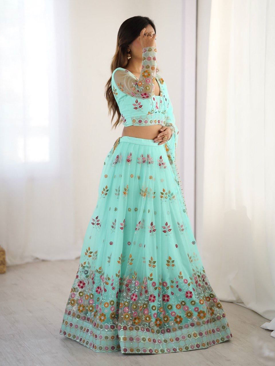 Seagreen Lehenga Choli With Thread Sequnce Work