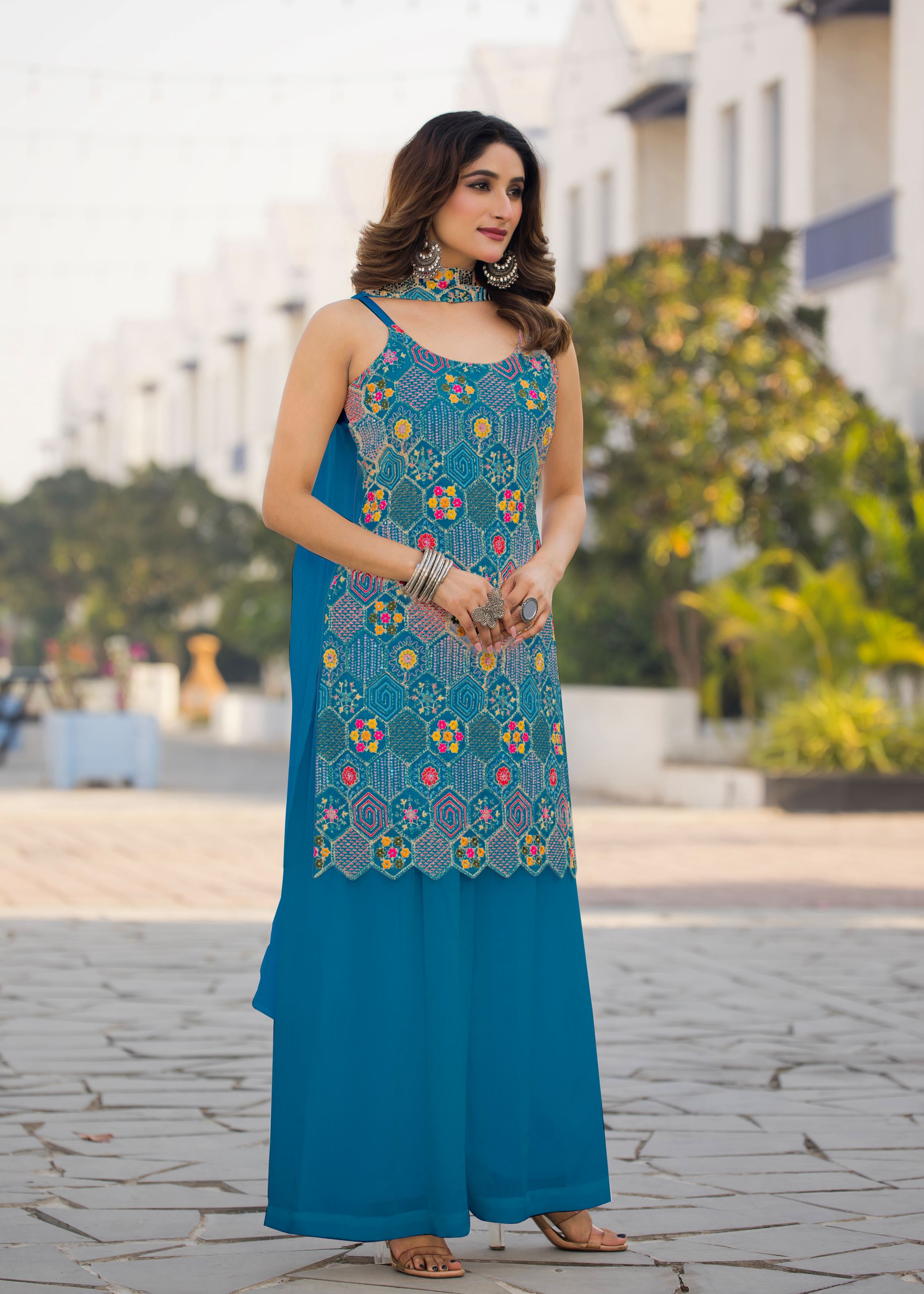 Sky Sharara Dress With Embroidery Work