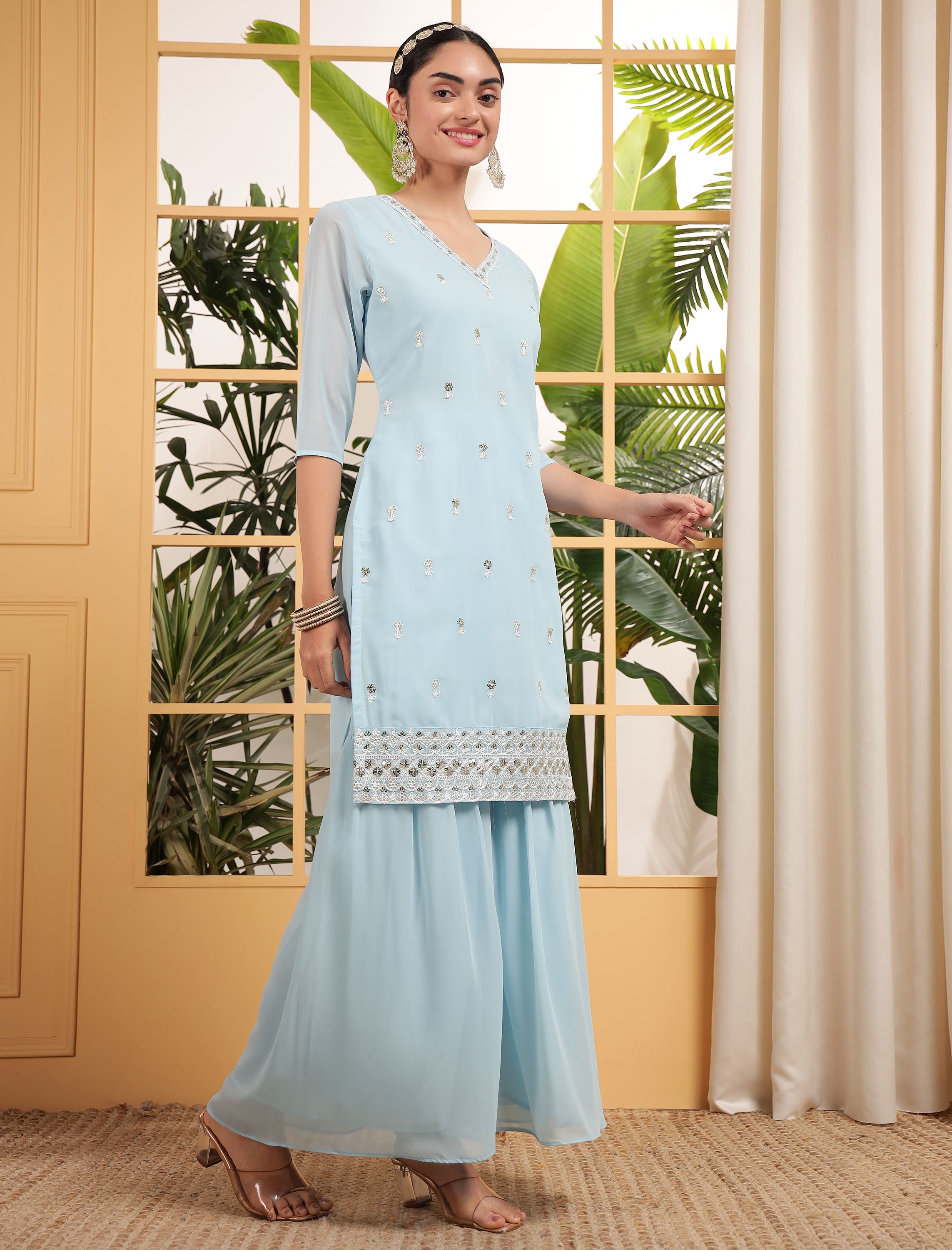 Sky Sharara Dress With Sequence Embroidered