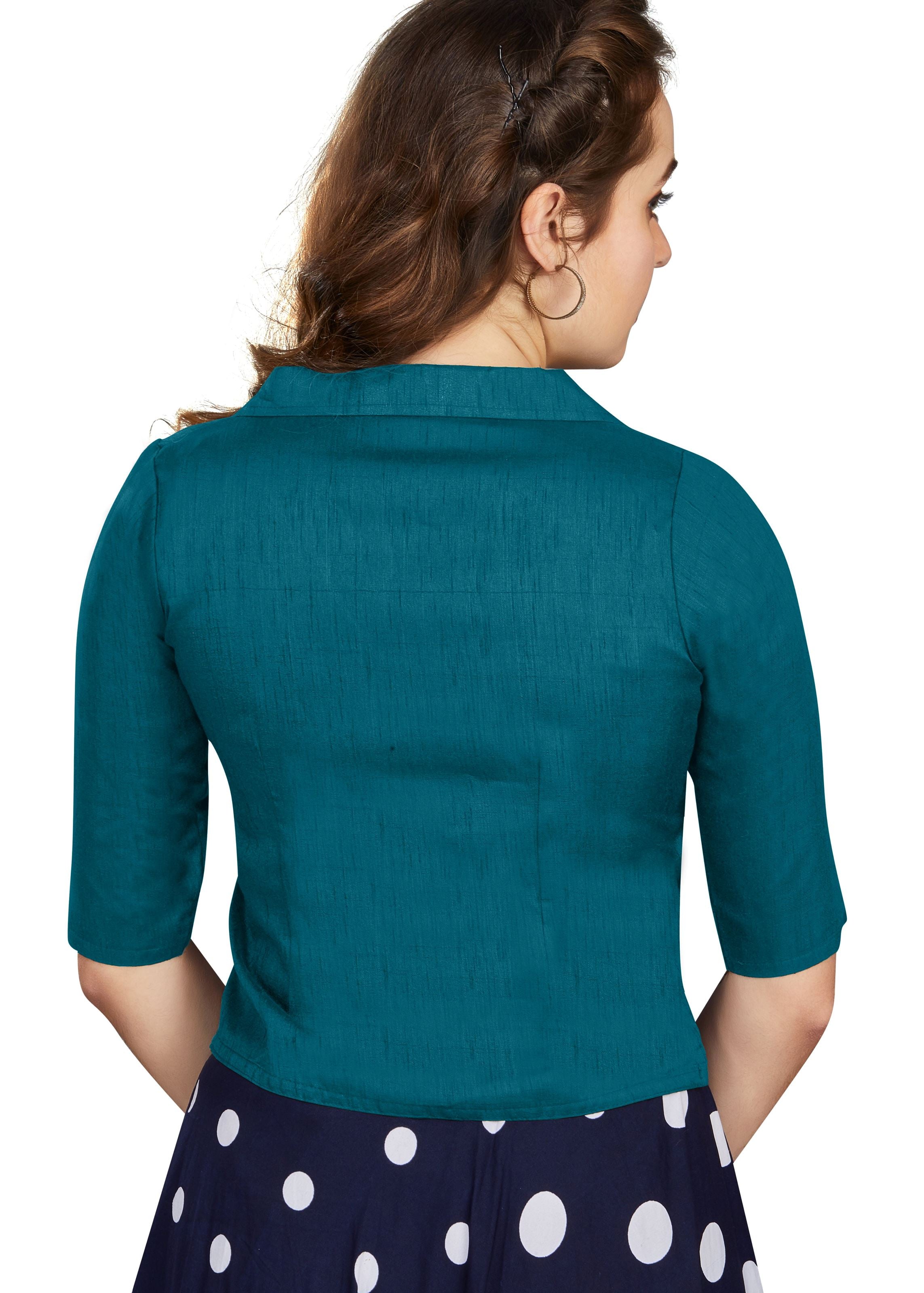 Teal Art Silk Collar Neck Plain Blouse