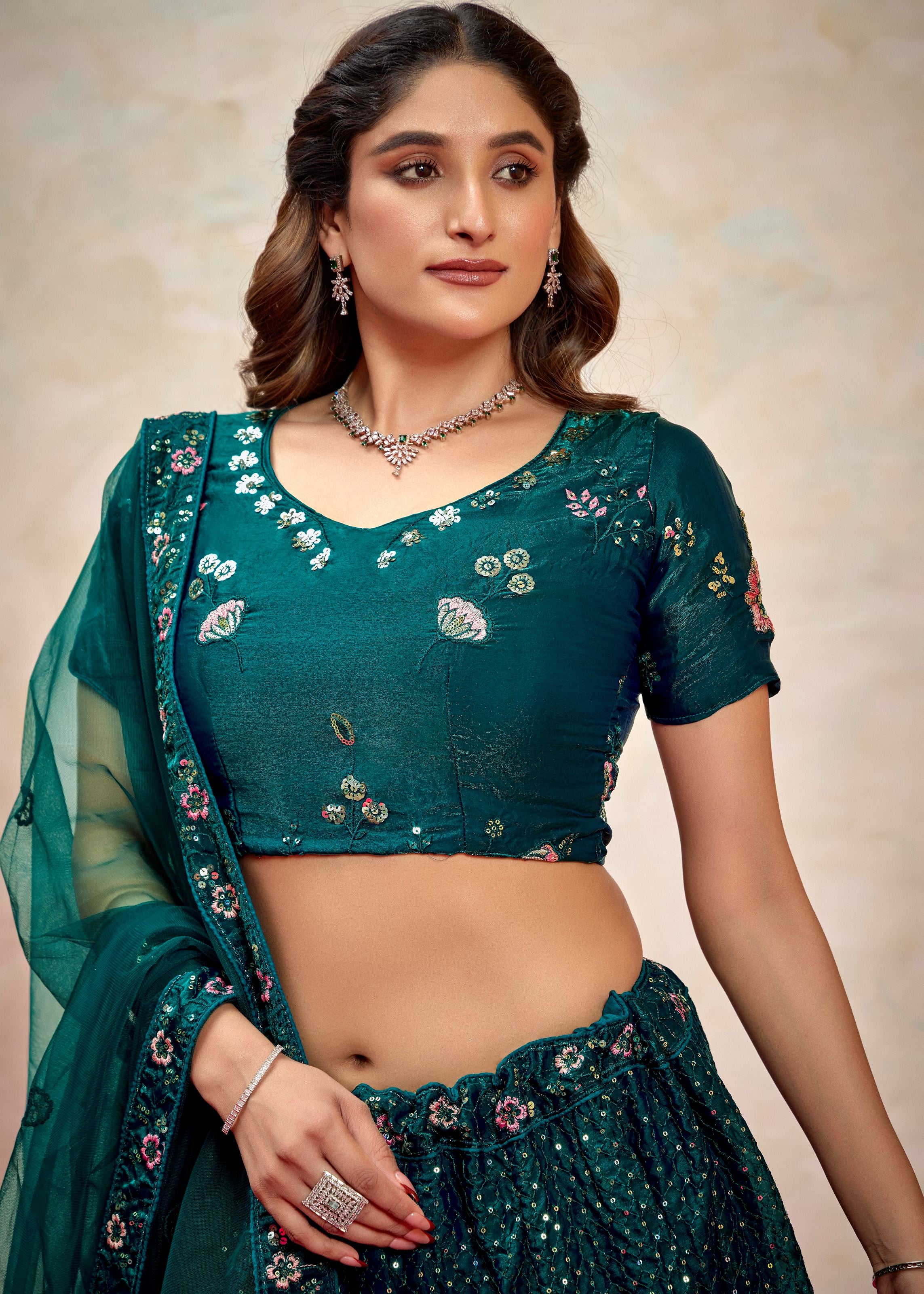 Teal Green Silk Lehenga with Bold Sequin Embroidery