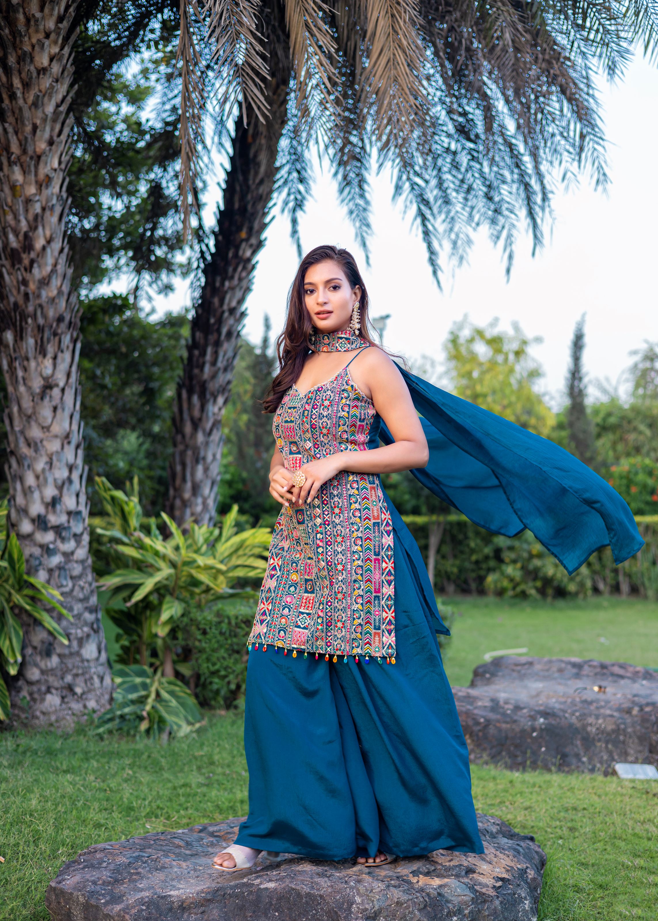 Teal Sharara Dress With Embroidery Work