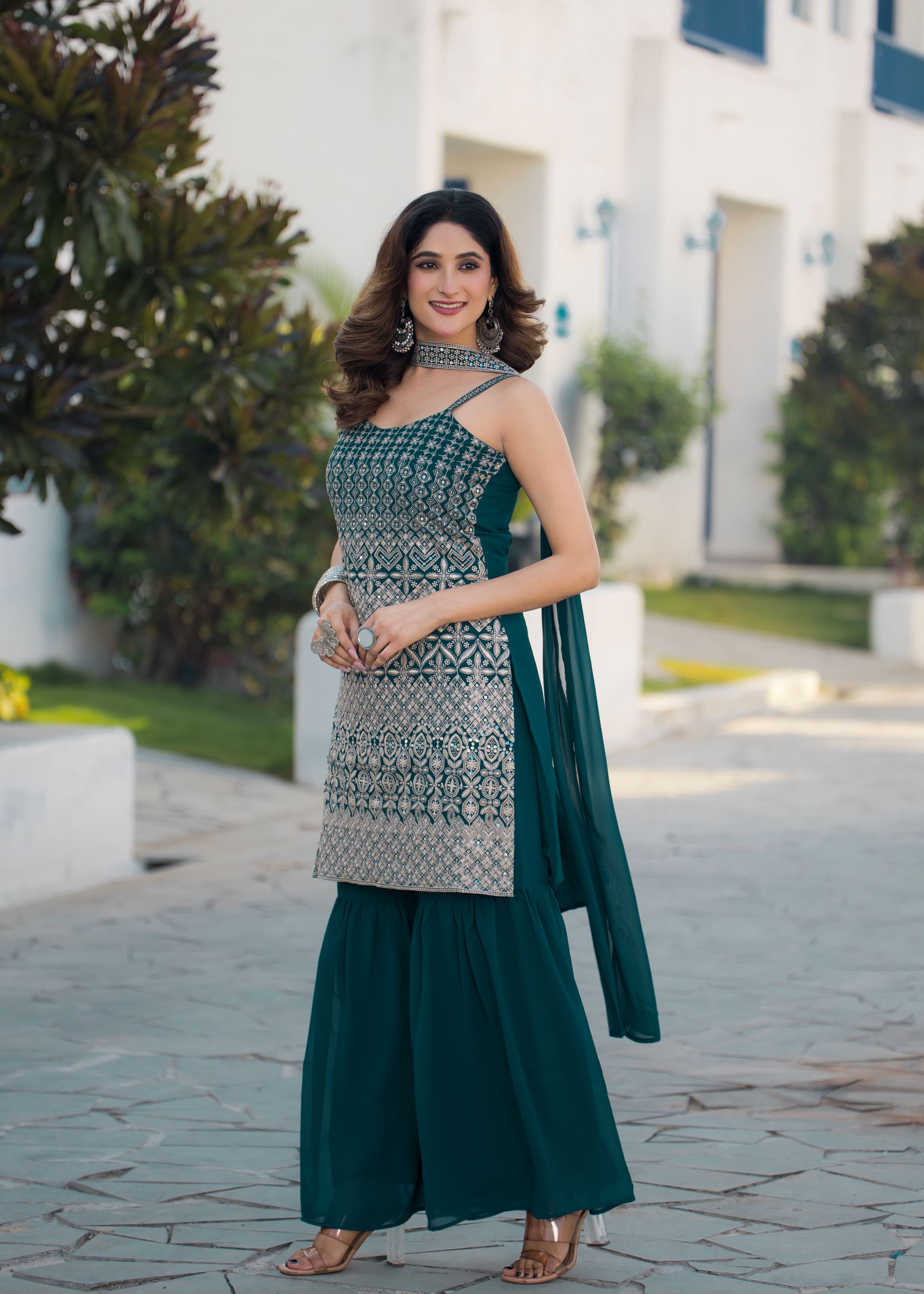 Teal Sharara Dress With Sequence Embroidered