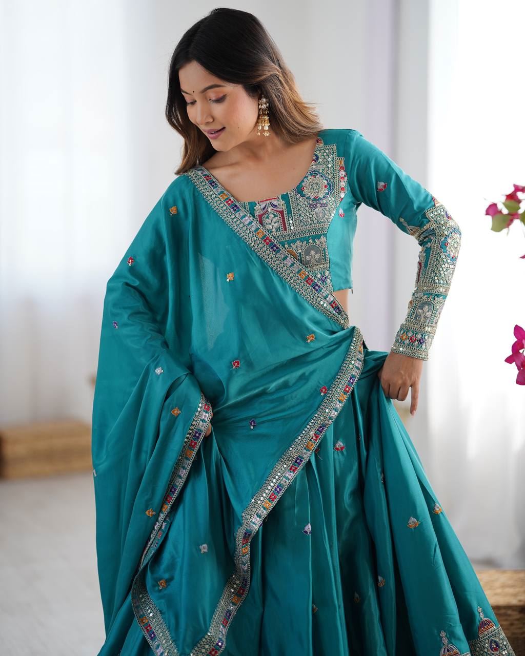 Tealblue Lehenga Choli With Coding Dori With Thread Sequnce Work