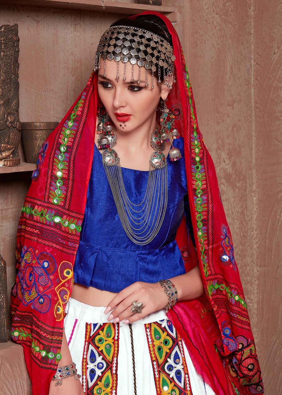 White And Blue Navratri Chaniya Choli With Gamthi Work Butta And Tassels Lace