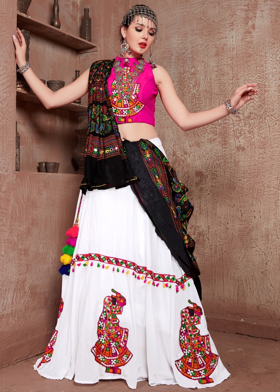 White And Pink Navratri Chaniya Choli With Gamthi Work Butta And Tassels Lace