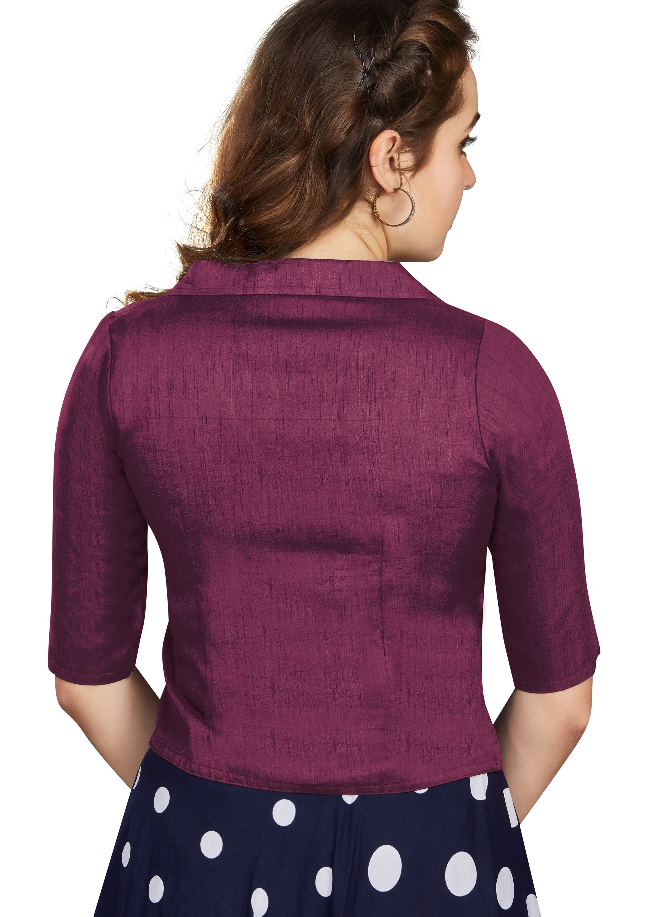 Wine Art Silk Collar Neck Plain Blouse