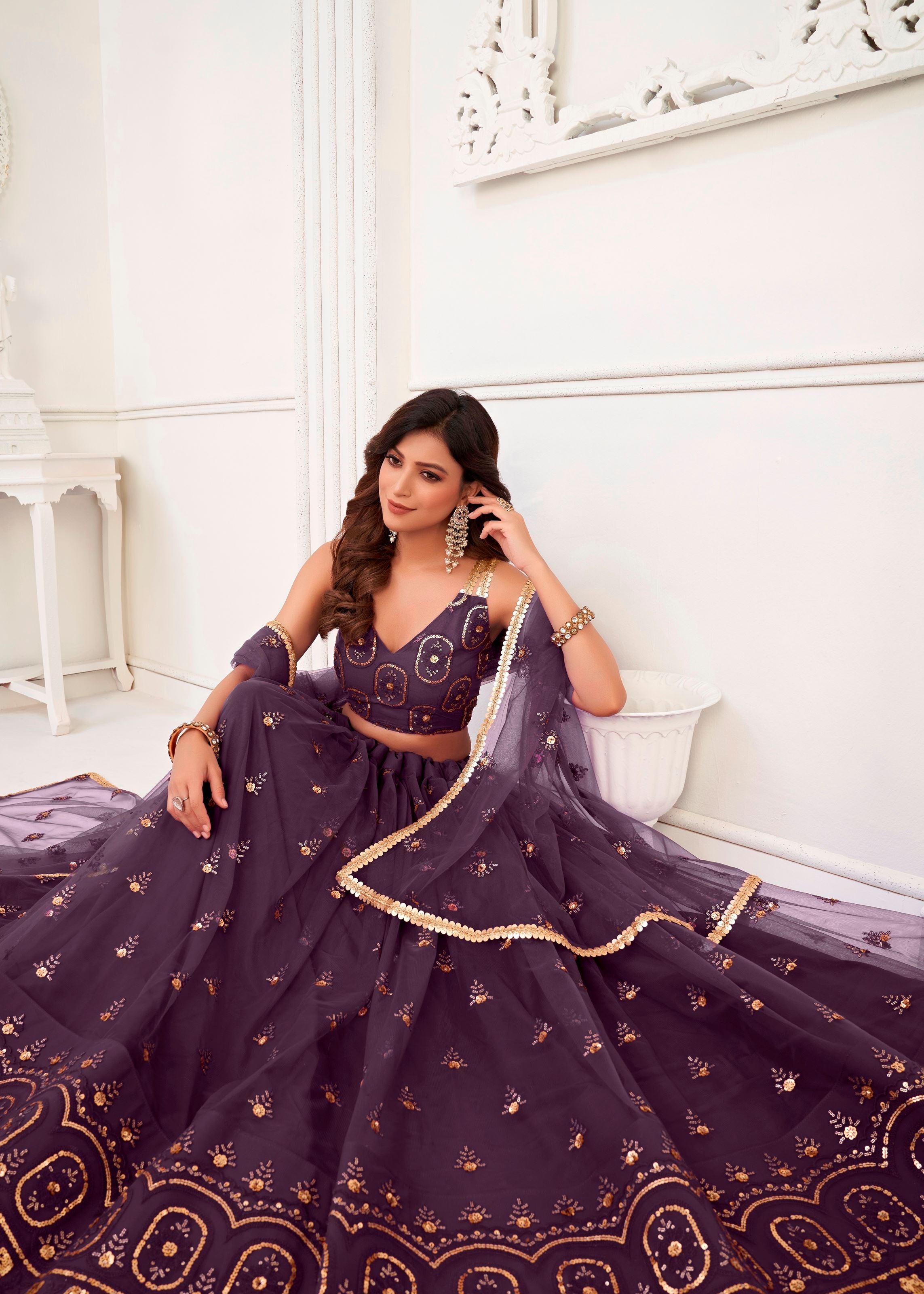Wine Butterfly Net Lehenga Choli With Thread And Zari Sandwich Sequence Embroidery Work