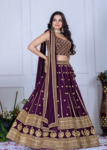 Wine Lehenga Choli With Embroidery With Thread Sequence Work