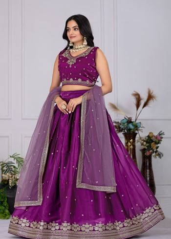 Wine Lehenga Choli With Embroidery With Zari Thread Sequence Work