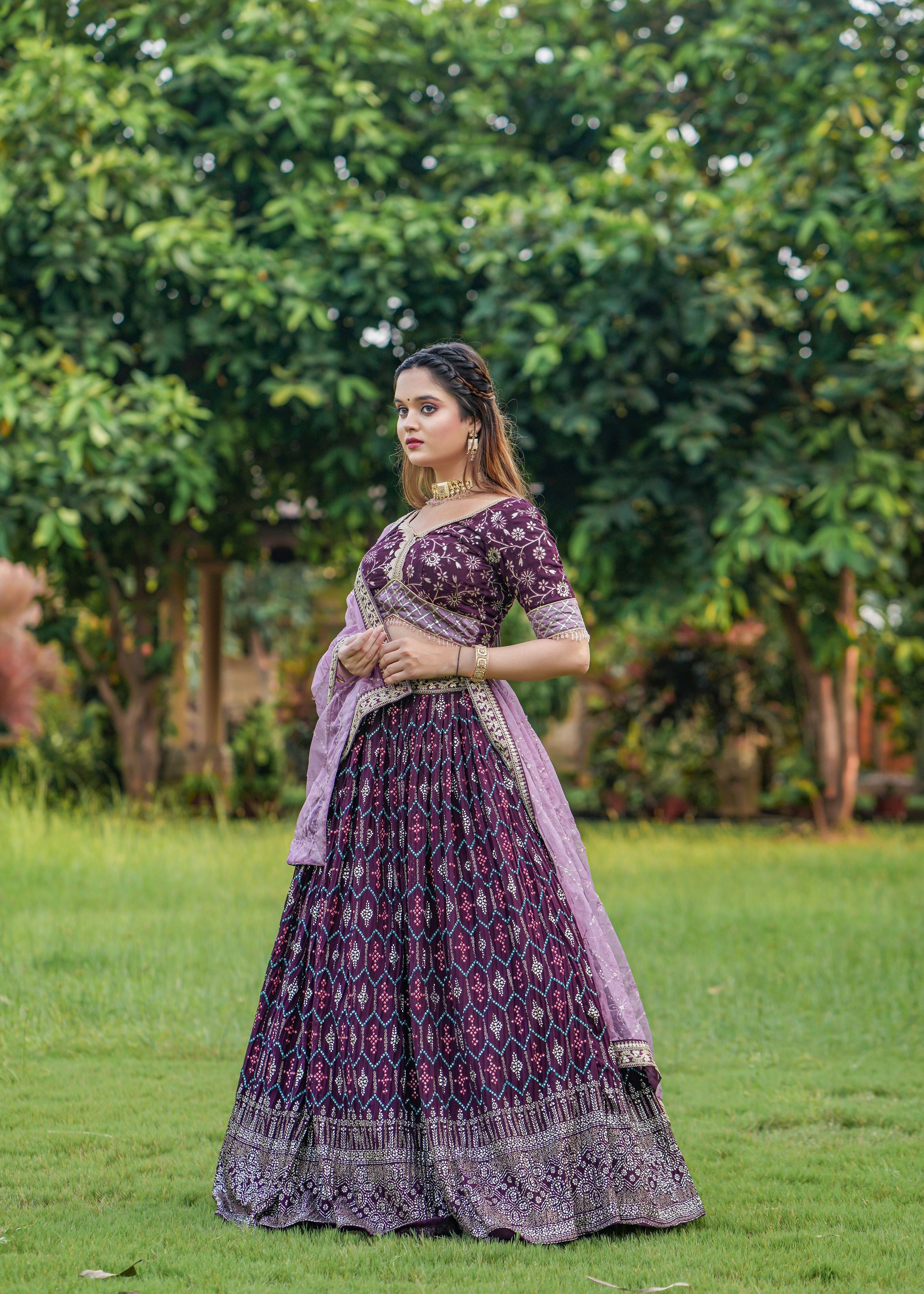 Wine Lehenga Choli With Heavy Foil Print Embroidery Work Belt