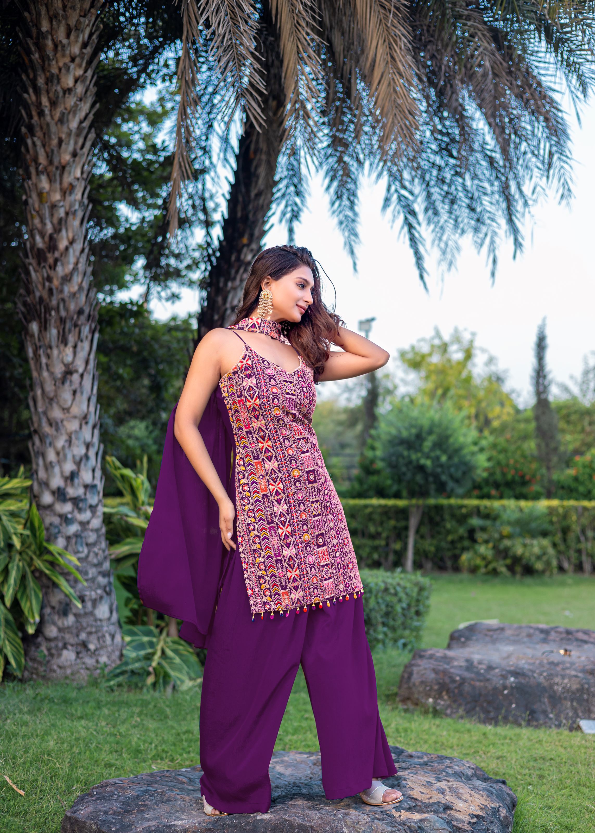 Wine Sharara Dress With Embroidery Work