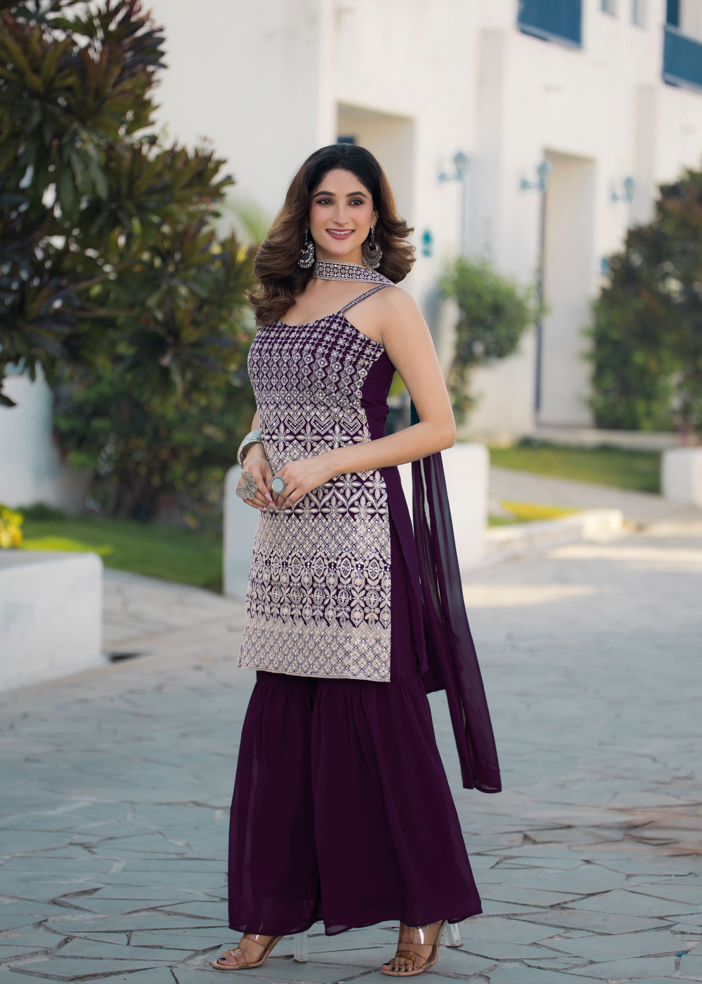 Wine Sharara Dress With Sequence Embroidered