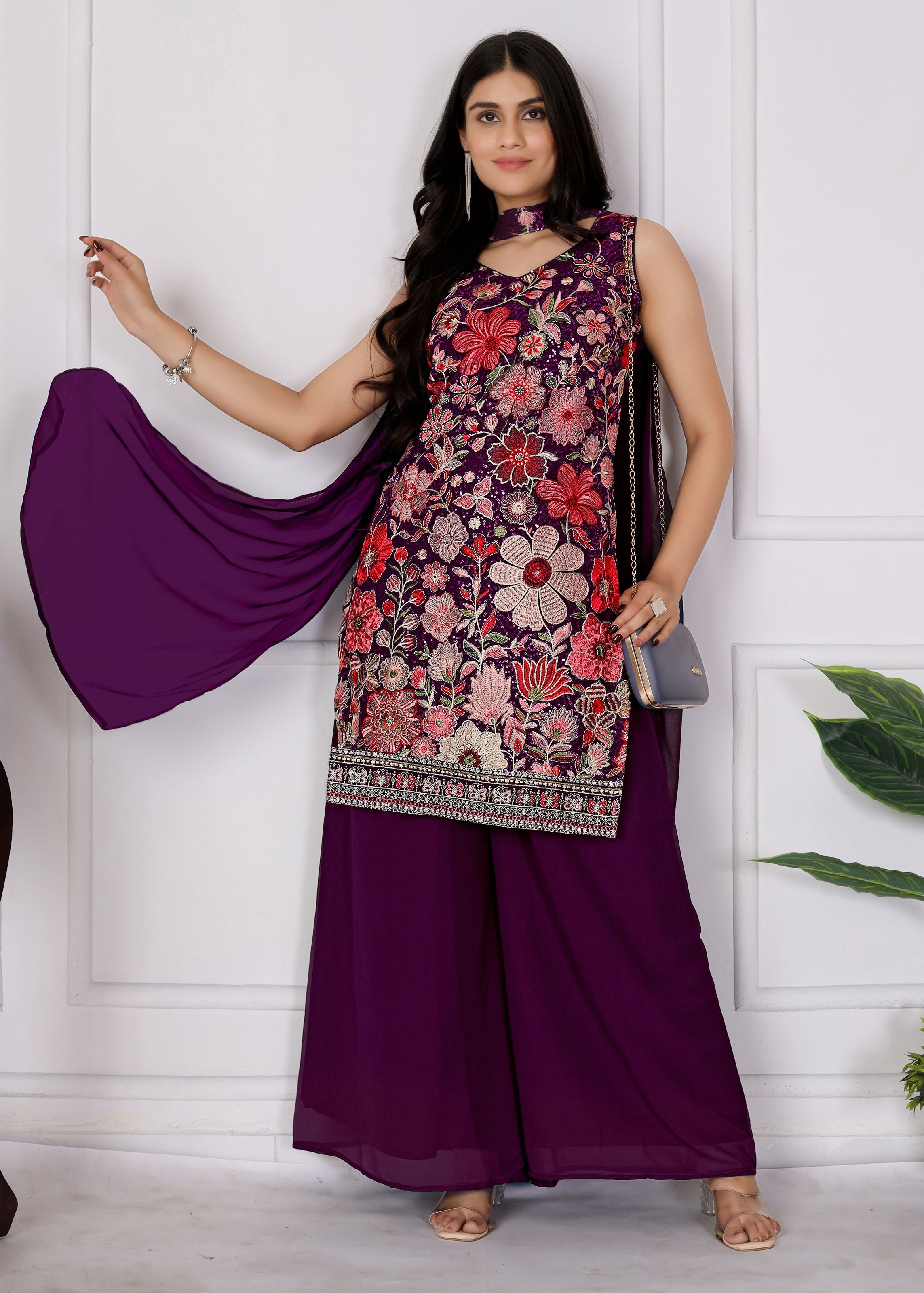 Wine Sharara Dress With Sequence Embroidered