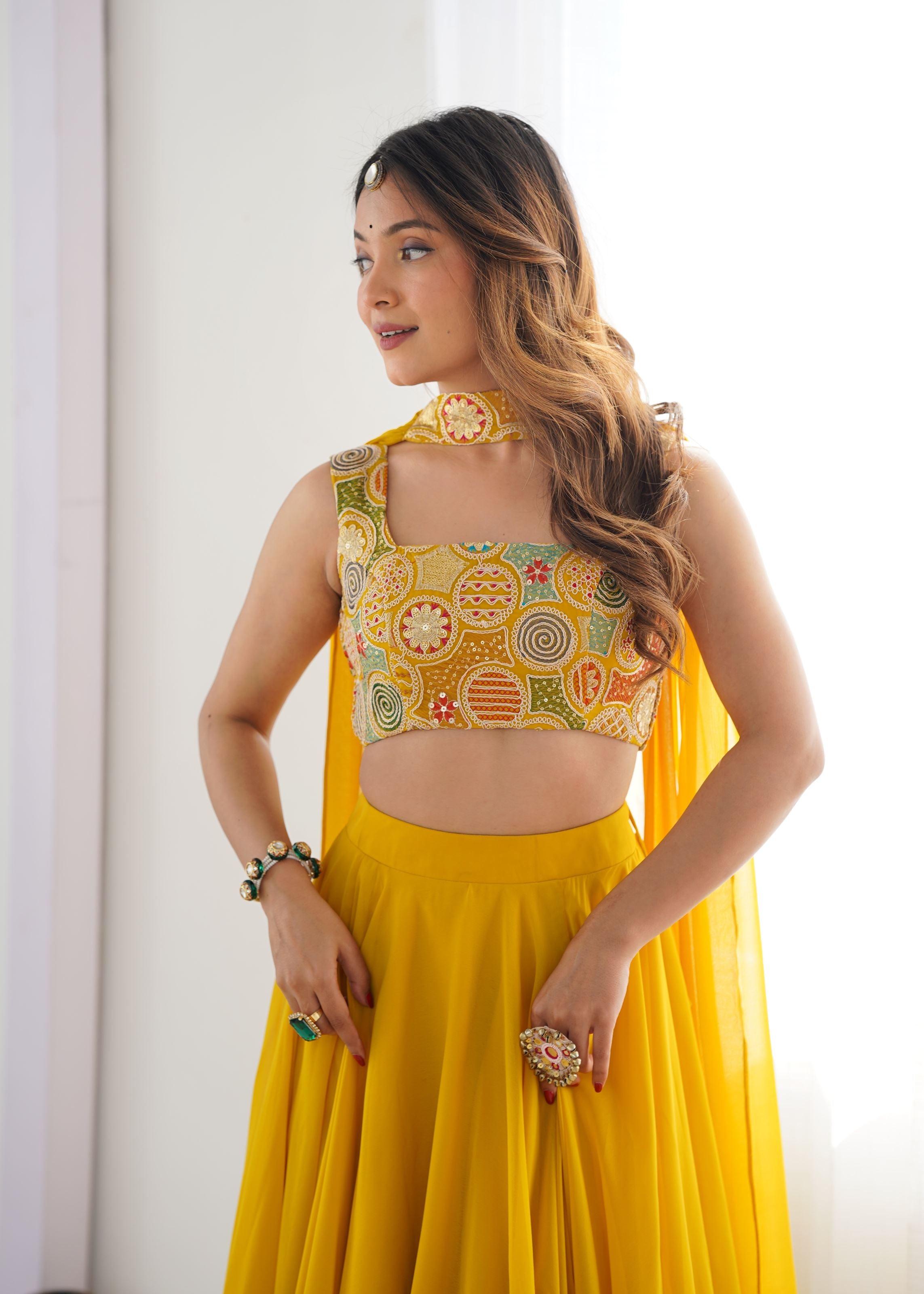 Yellow Georgette Lehenga with 9 Needle Thread Dori Embroidery