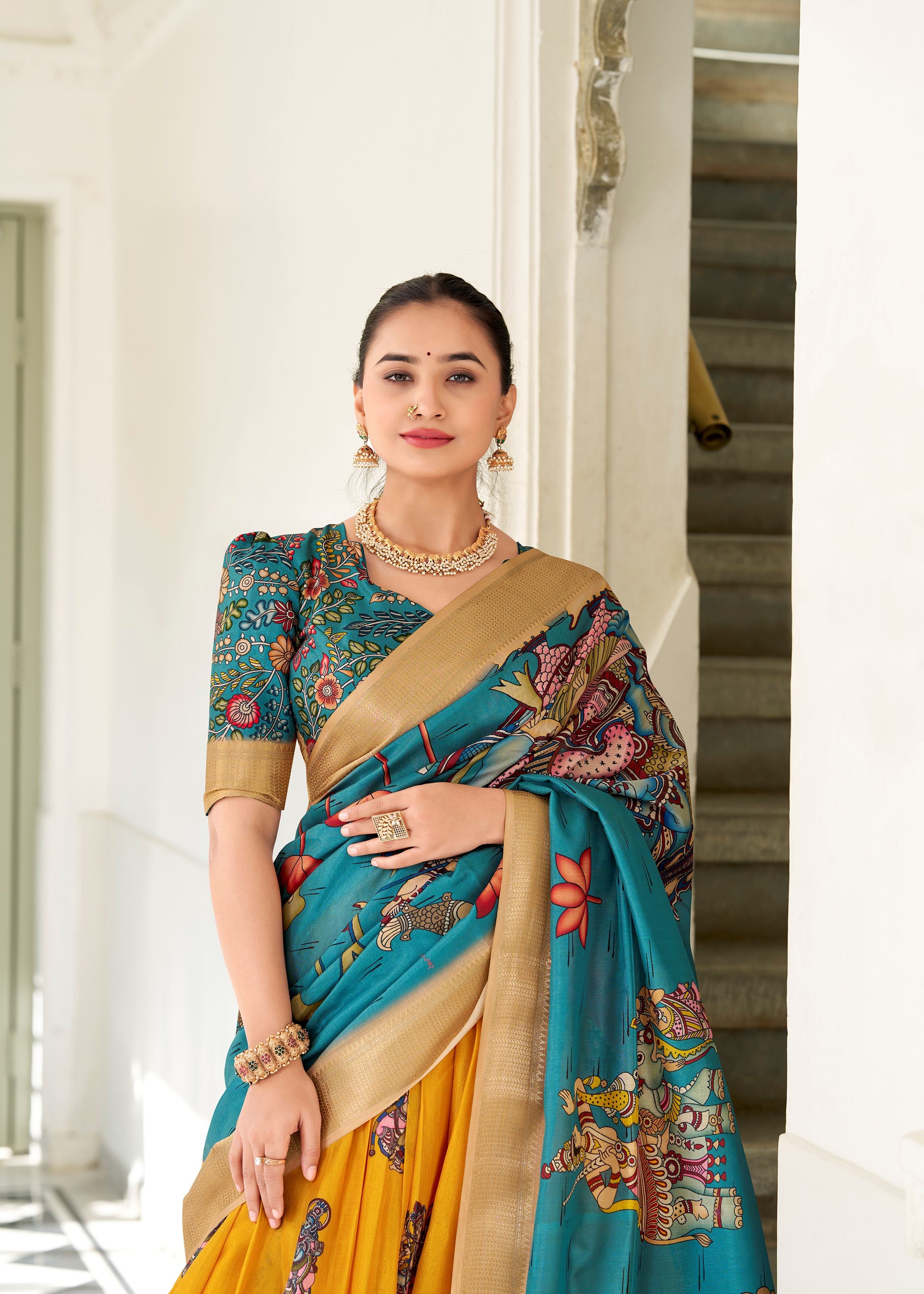 Peach Kalamkari Charm on Luxurious Dola Silk Lehenga with Woven Borders