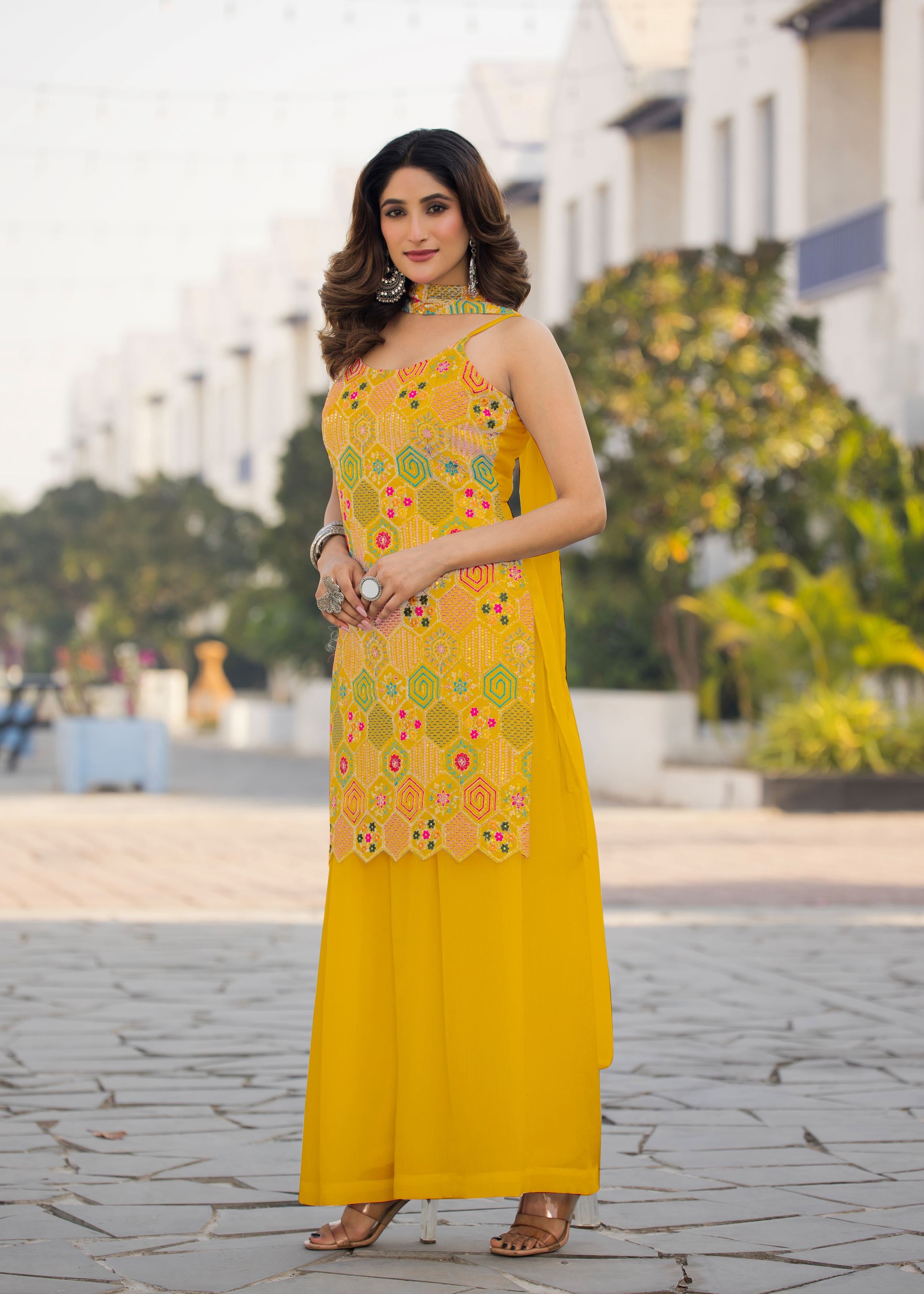 Yellow Sharara Dress With Embroidery Work