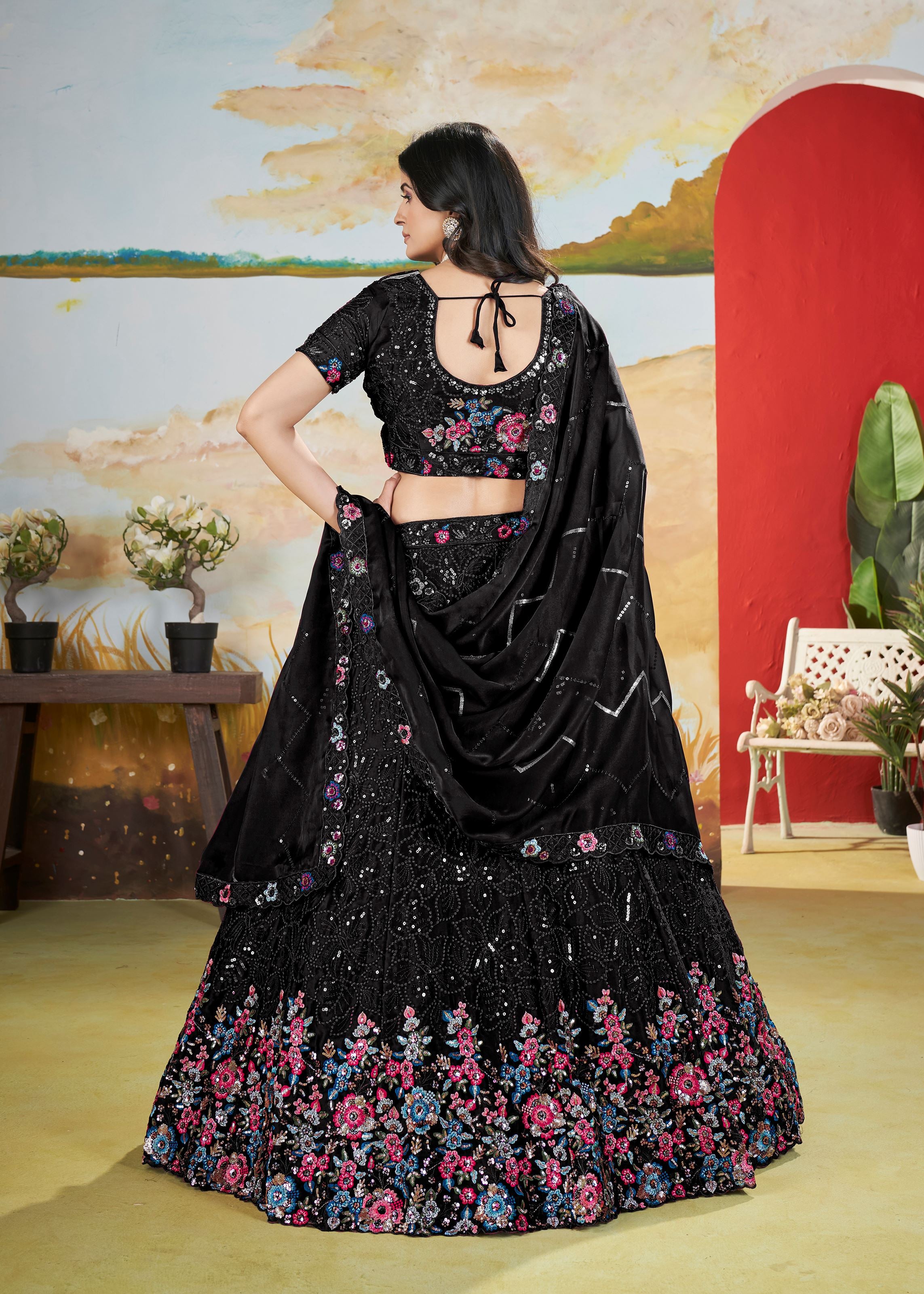 Black Chinnon Lehenga with Copper Sequins Multi Thread Embroidery