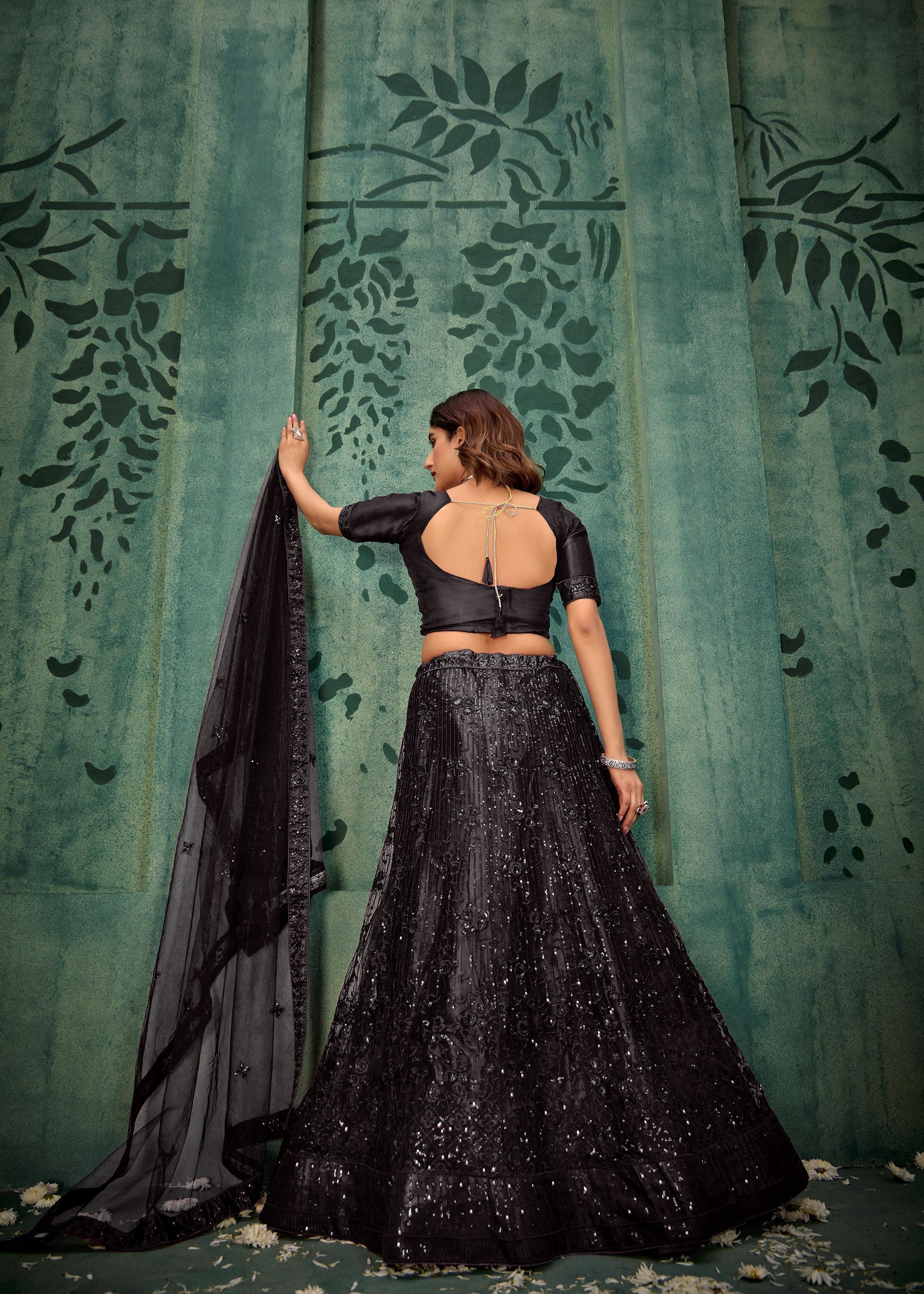 Black Net Lehenga with Sparkling Sequin Embroidery