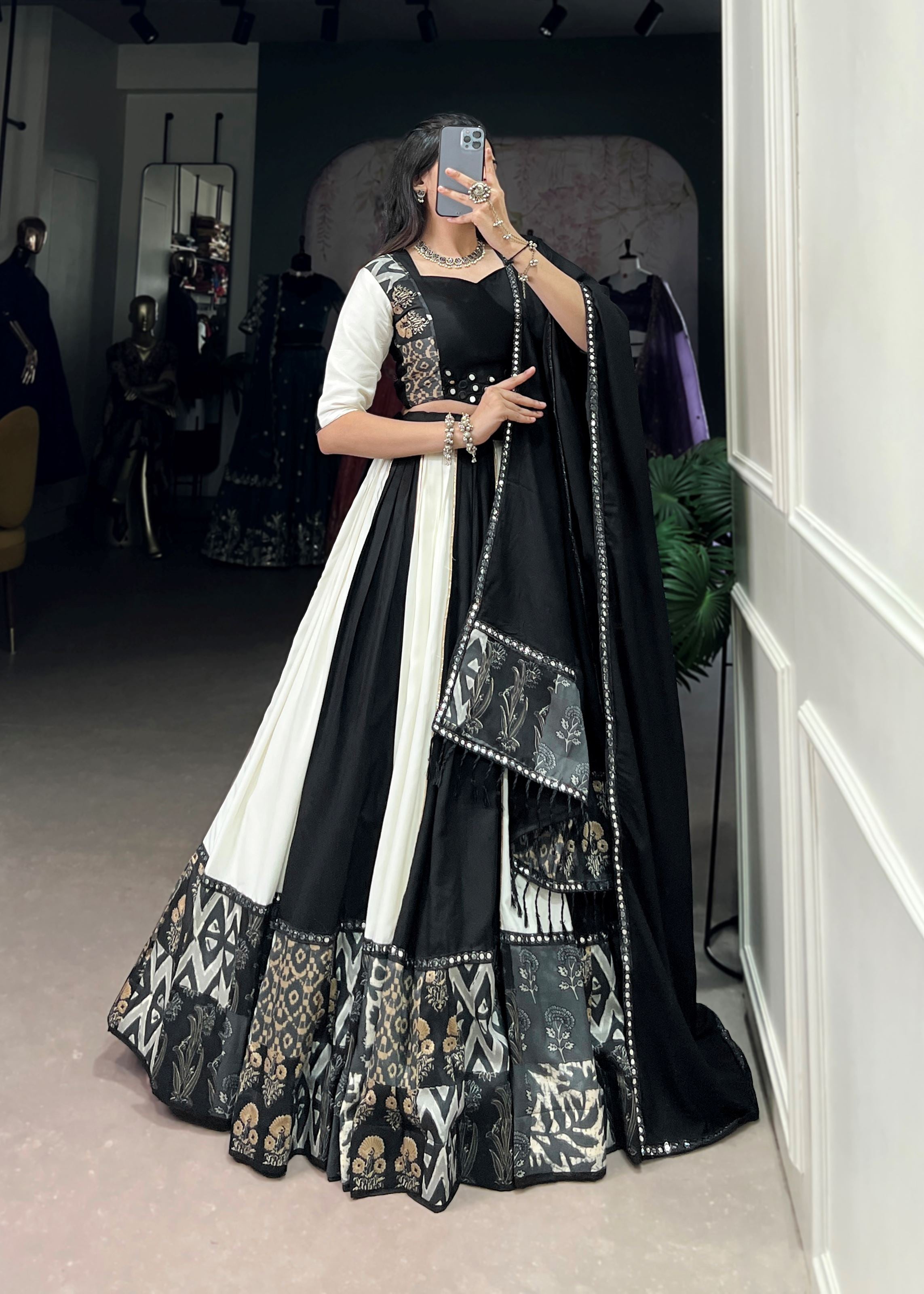 Black Printed Plain Rayon Lehenga with Mirror Lace and Gota Patti Sparkle