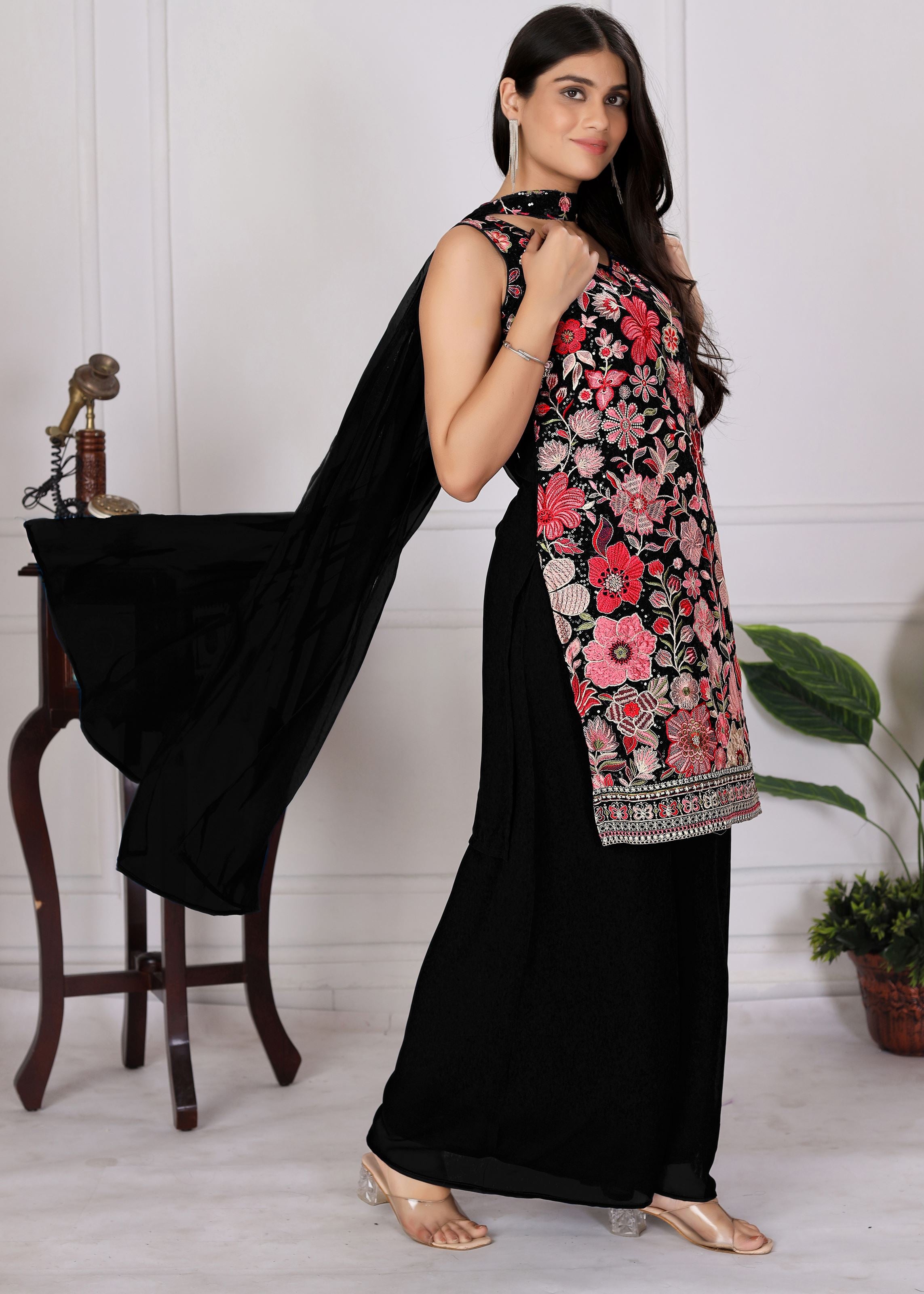 Black Sharara Dress With Sequence Embroidered