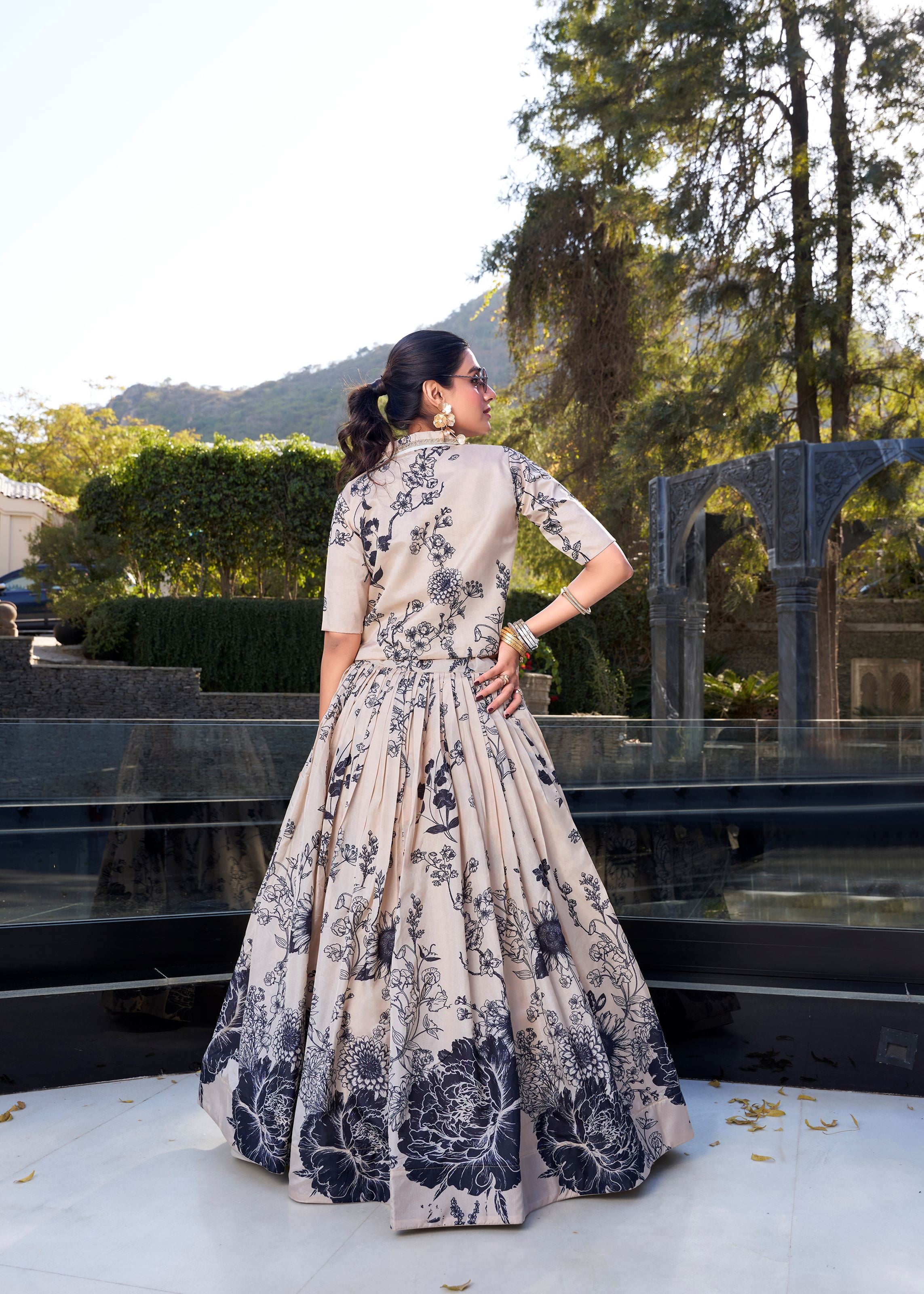 Cream Grace in Bloom Tussar Silk Floral Print Lehenga