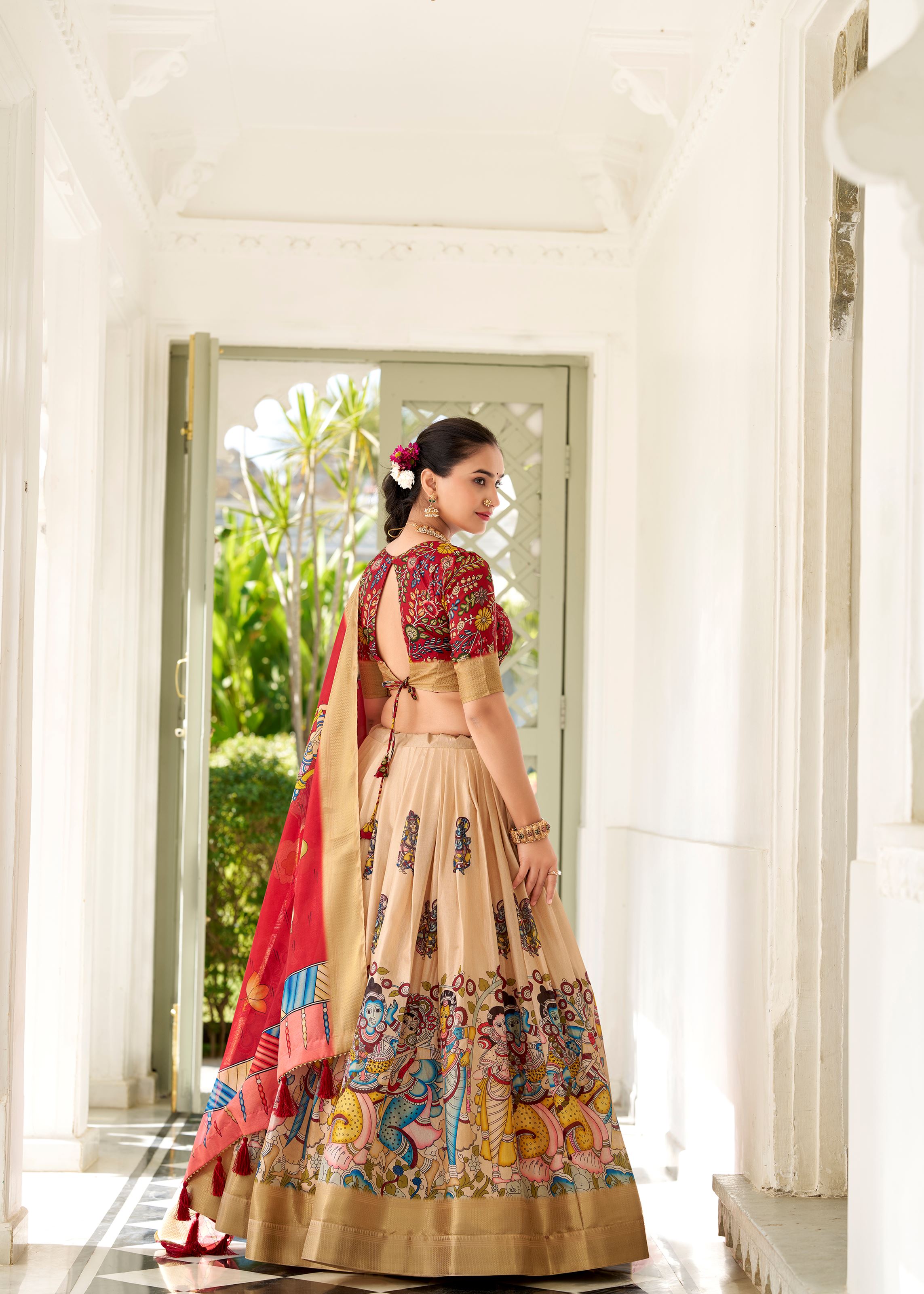Cream Floral Printed Georgette Lehenga with Lace Border