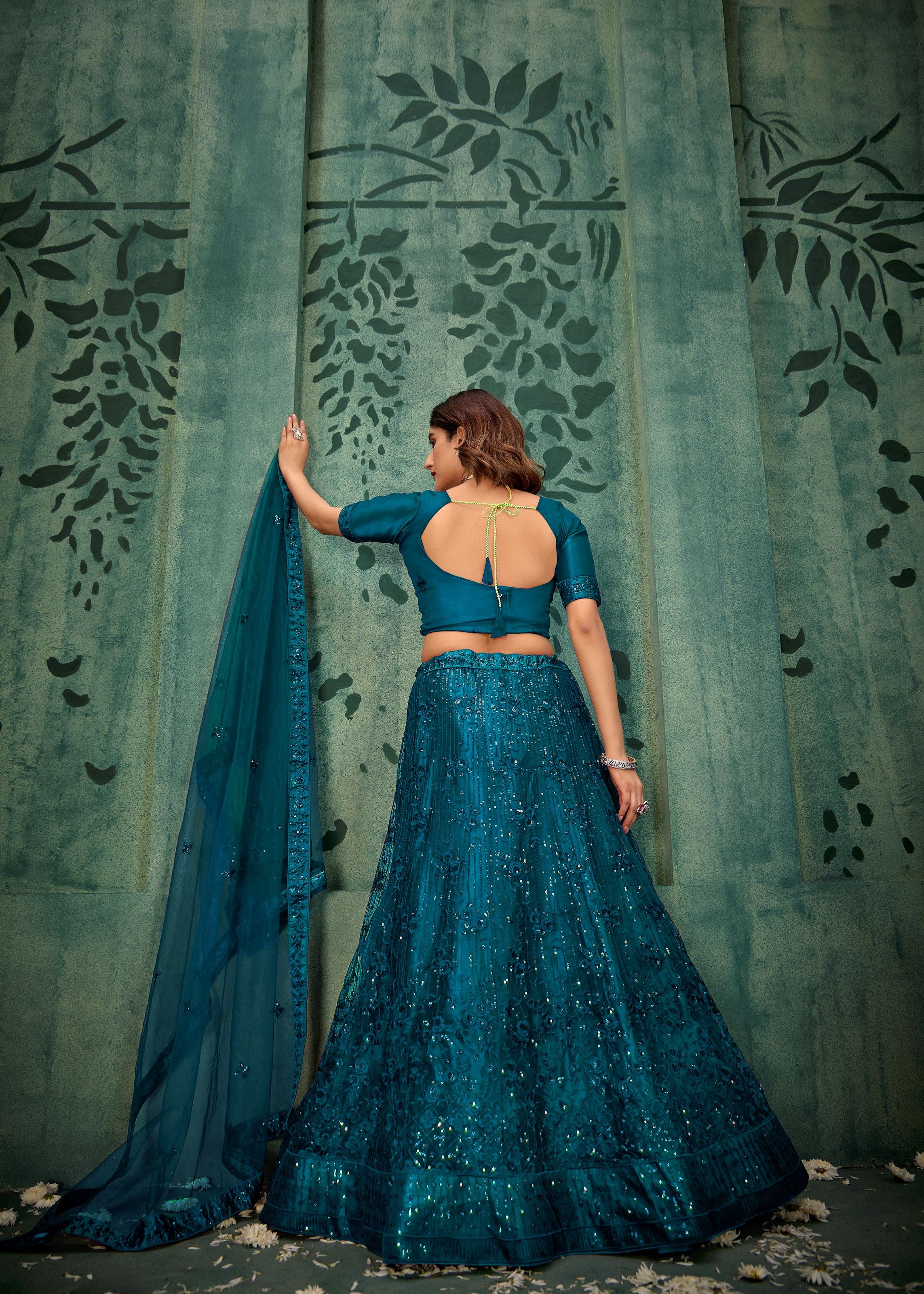 Crystal Teal Net Lehenga with Stylish Sequin Detailing