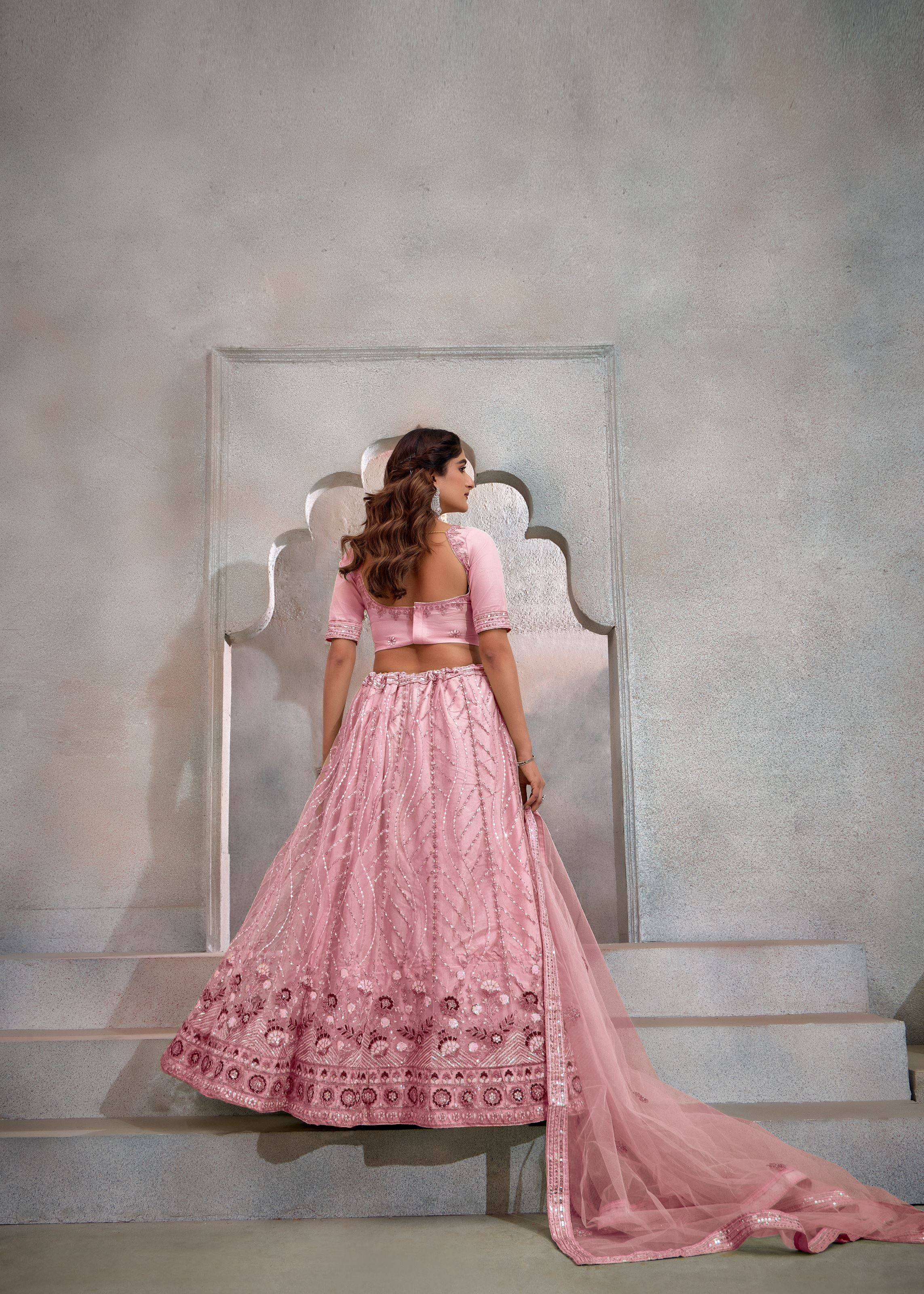 Dark Peach Net Lehenga with Sequin Embroidery Highlights