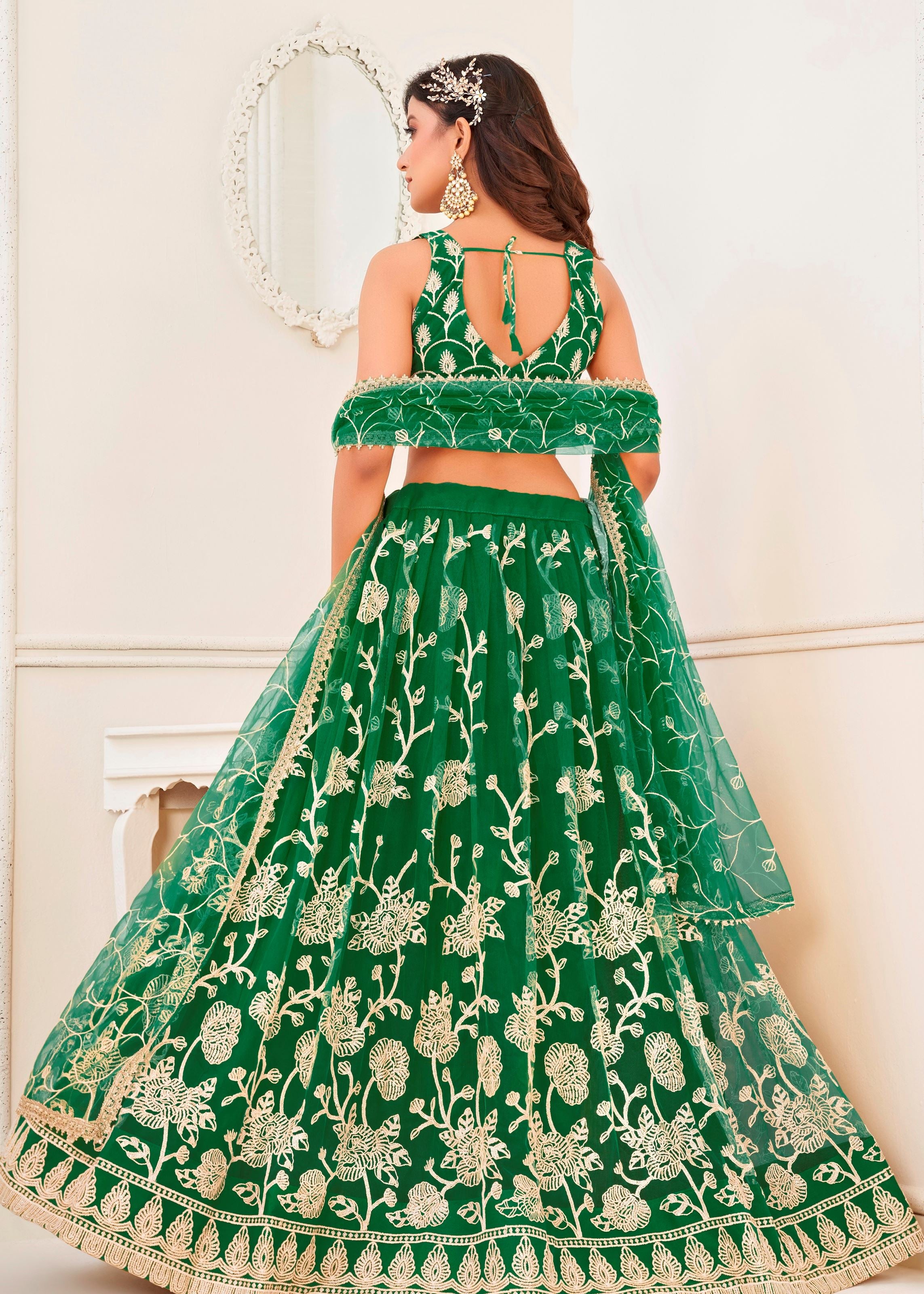 Green Butterfly Net Lehenga Choli With Embroidery And Sequins Work