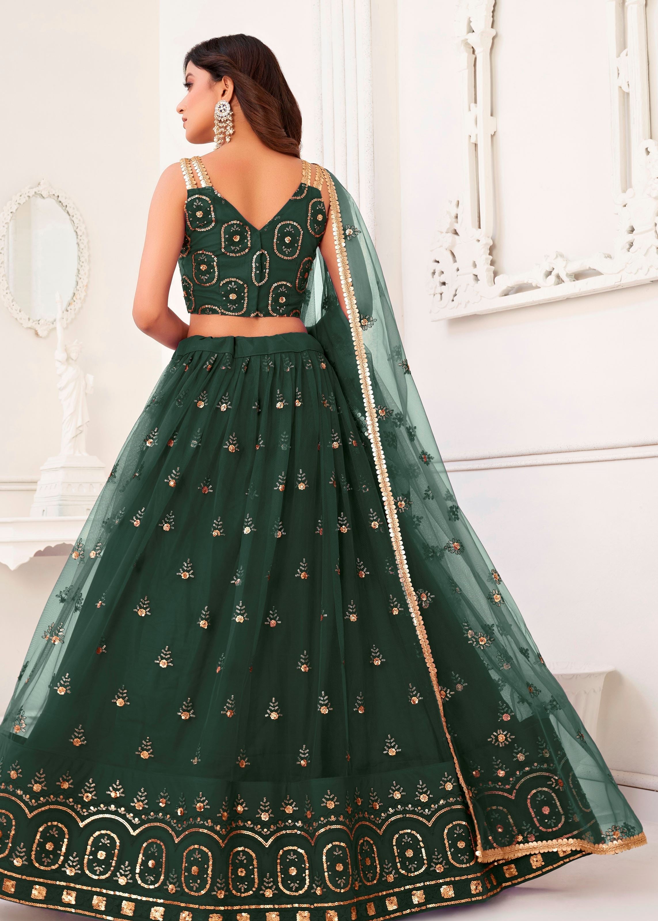 Green Butterfly Net Lehenga Choli With Thread And Zari Sandwich Sequence Embroidery Work